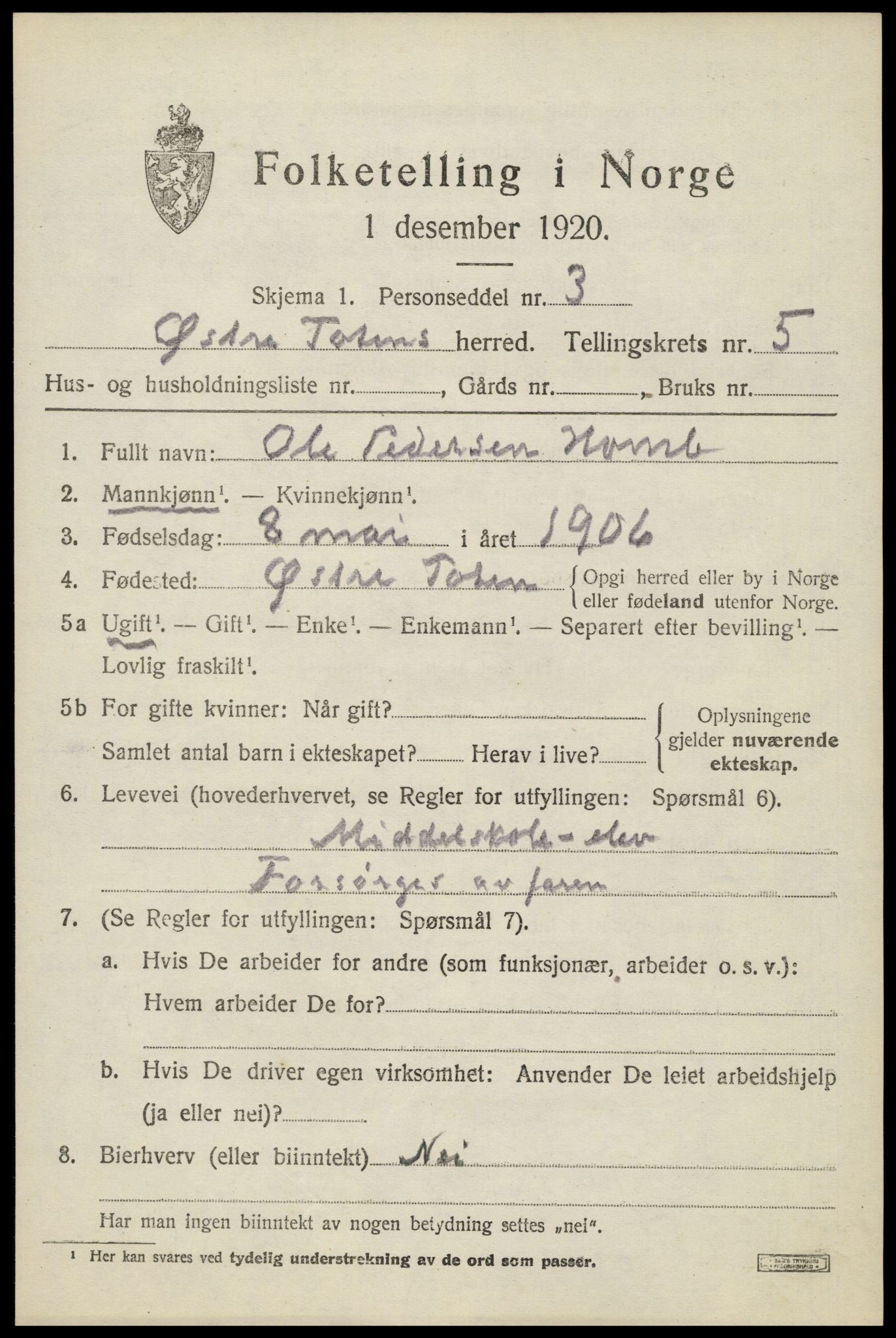 SAH, 1920 census for Østre Toten, 1920, p. 11136