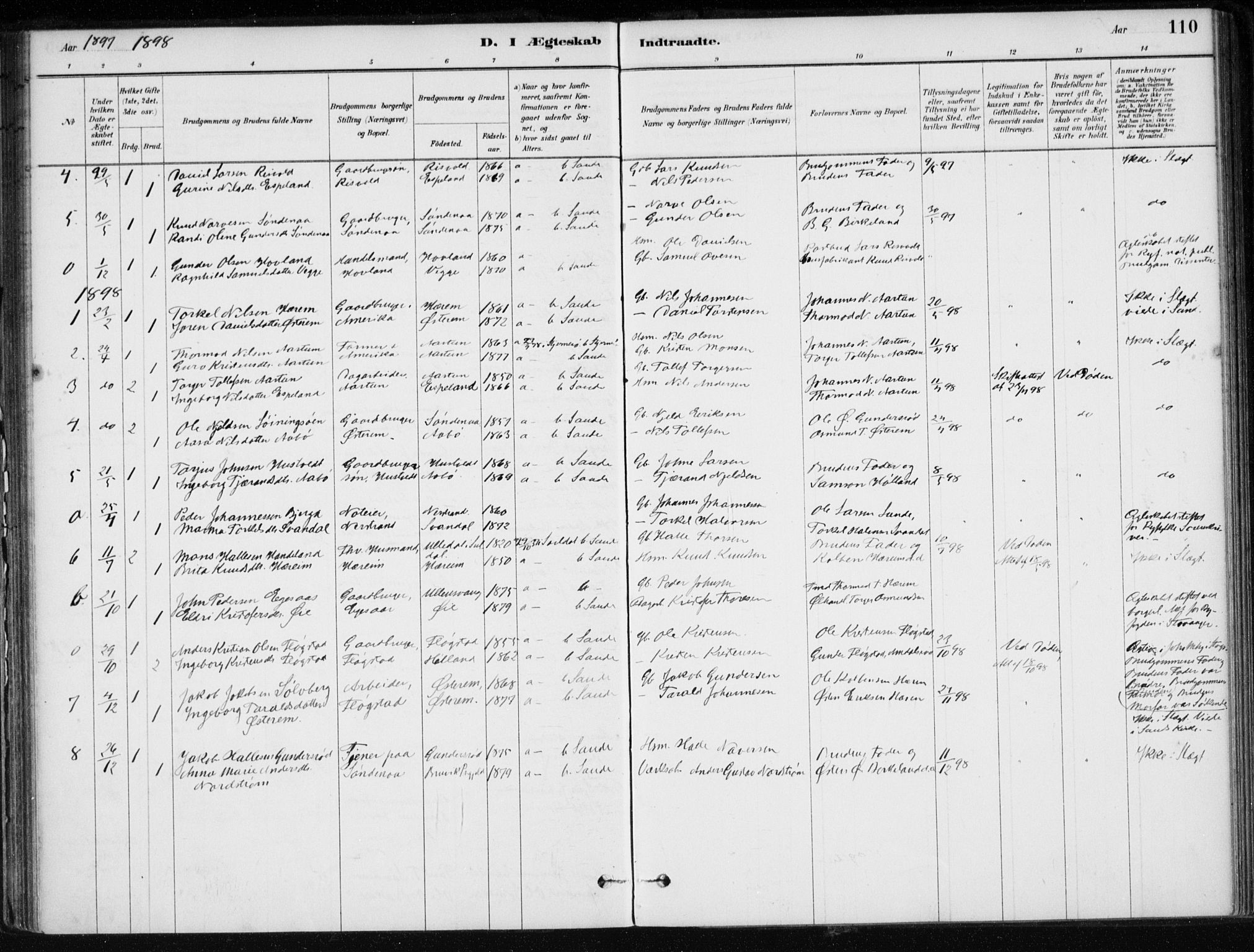 Sand sokneprestkontor, AV/SAST-A-101848/01/III/L0006: Parish register (official) no. A 6, 1880-1898, p. 110