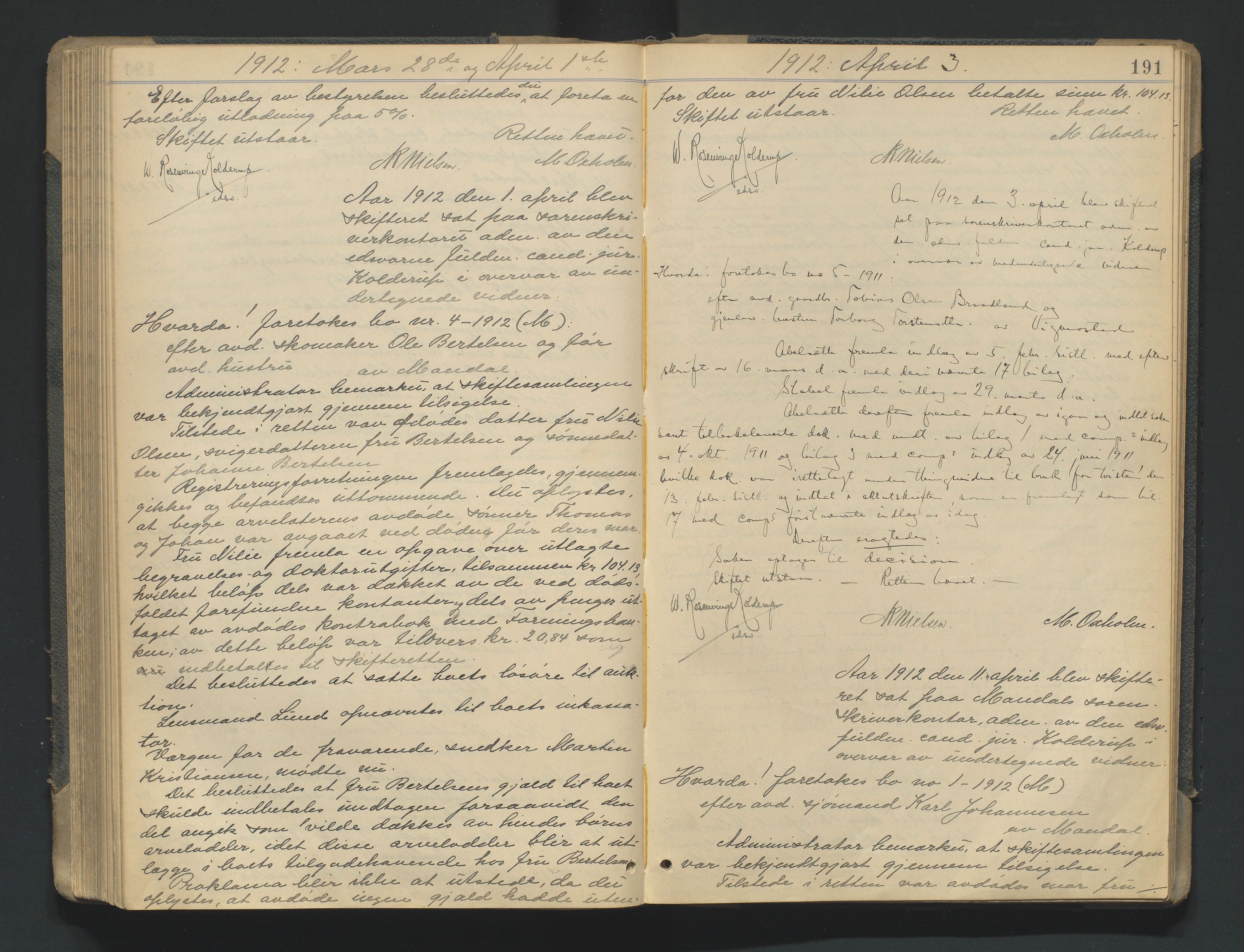 Mandal sorenskriveri, AV/SAK-1221-0005/001/H/Hc/L0081: Skifteforhandlingsprotokoll nr 13, 1909-1913, p. 191
