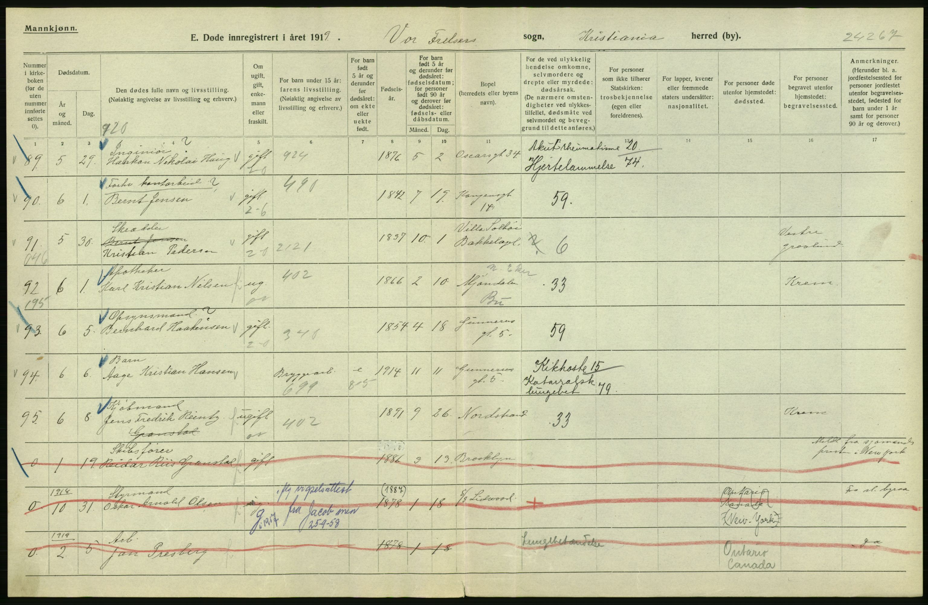 Statistisk sentralbyrå, Sosiodemografiske emner, Befolkning, AV/RA-S-2228/D/Df/Dfb/Dfbi/L0011: Kristiania: Døde, dødfødte, 1919