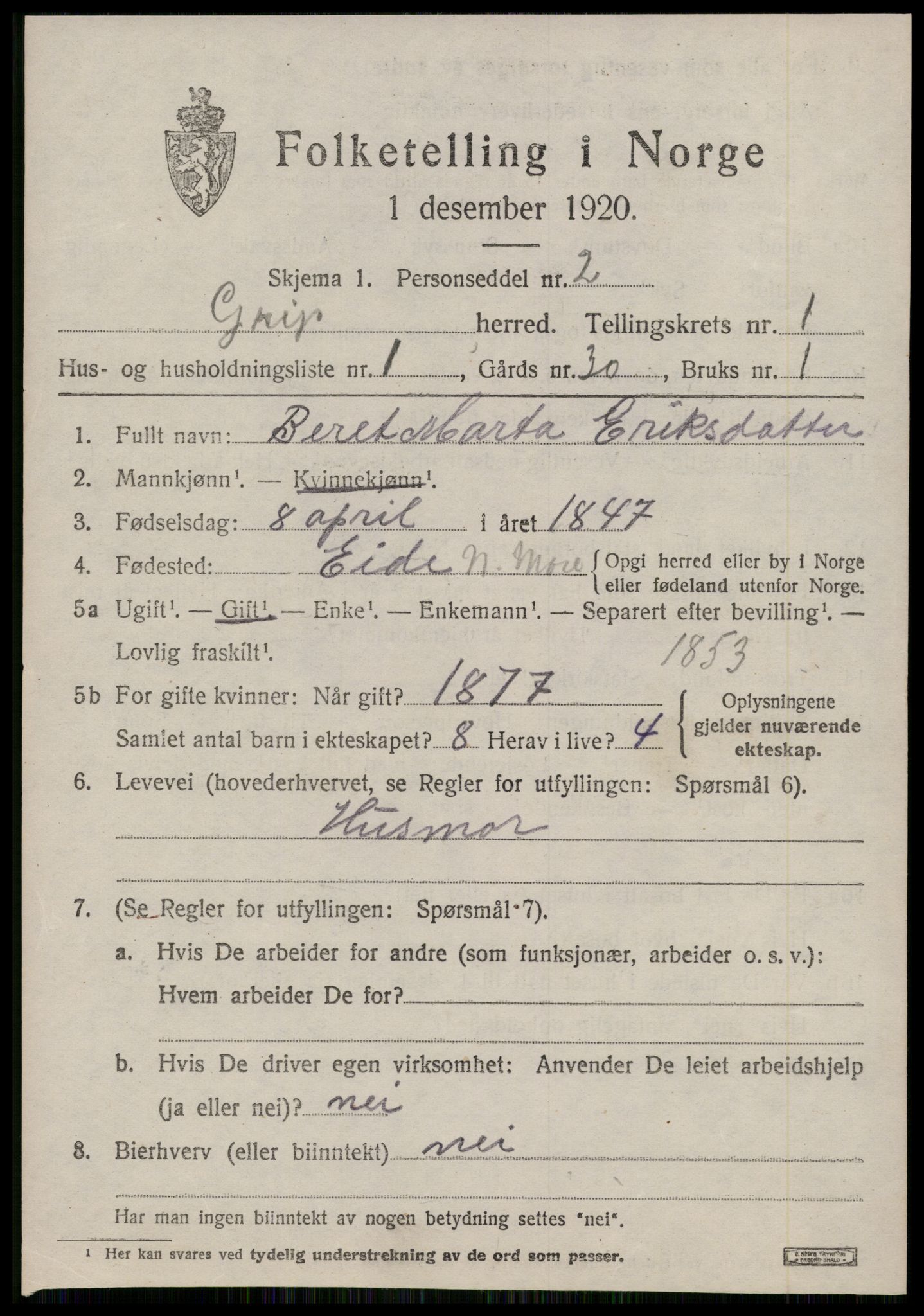 SAT, 1920 census for Grip, 1920, p. 110