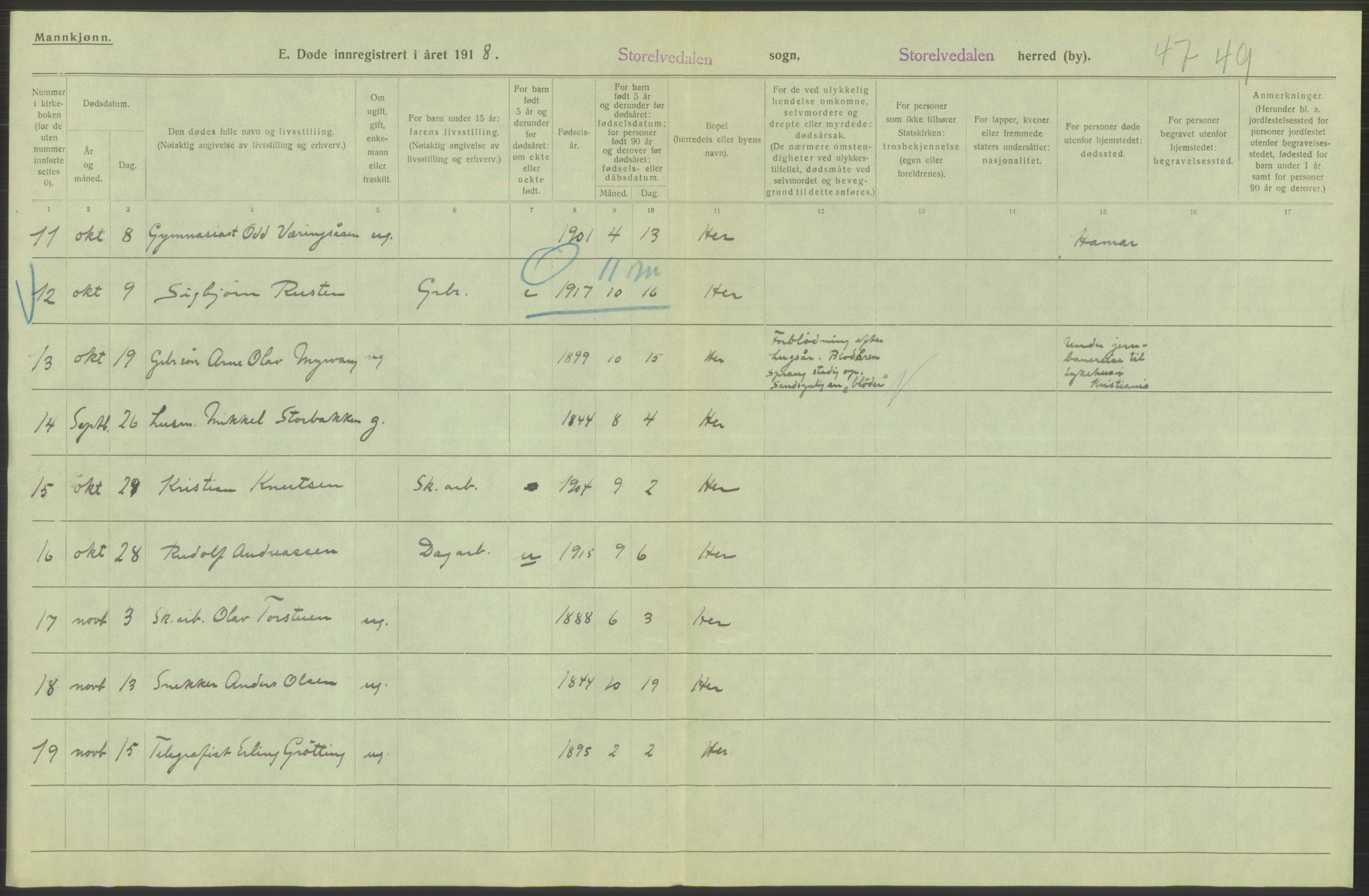 Statistisk sentralbyrå, Sosiodemografiske emner, Befolkning, RA/S-2228/D/Df/Dfb/Dfbh/L0014: Hedemarkens fylke: Døde. Bygder og byer., 1918, p. 580