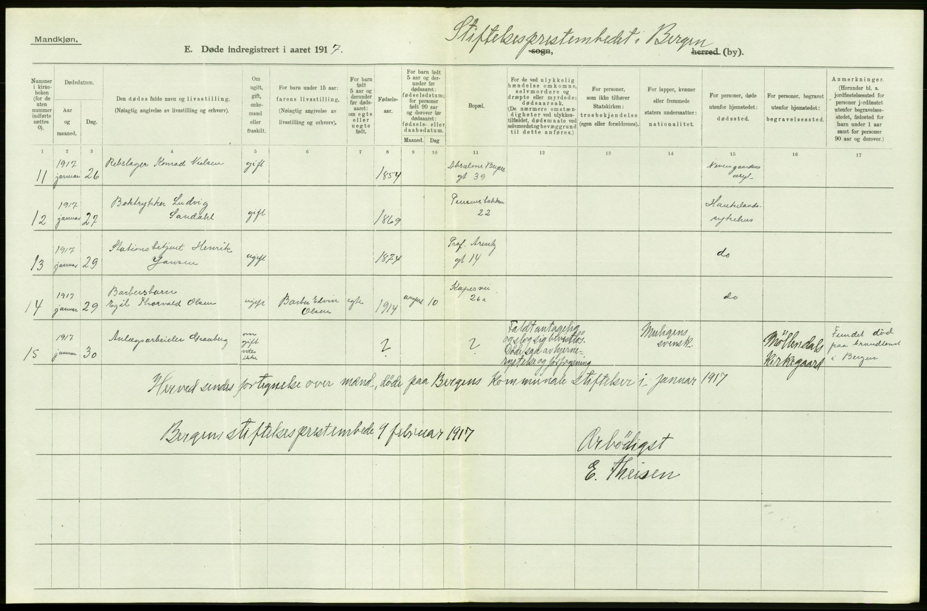 Statistisk sentralbyrå, Sosiodemografiske emner, Befolkning, AV/RA-S-2228/D/Df/Dfb/Dfbg/L0038: Bergen: Gifte, døde, dødfødte., 1917, p. 364