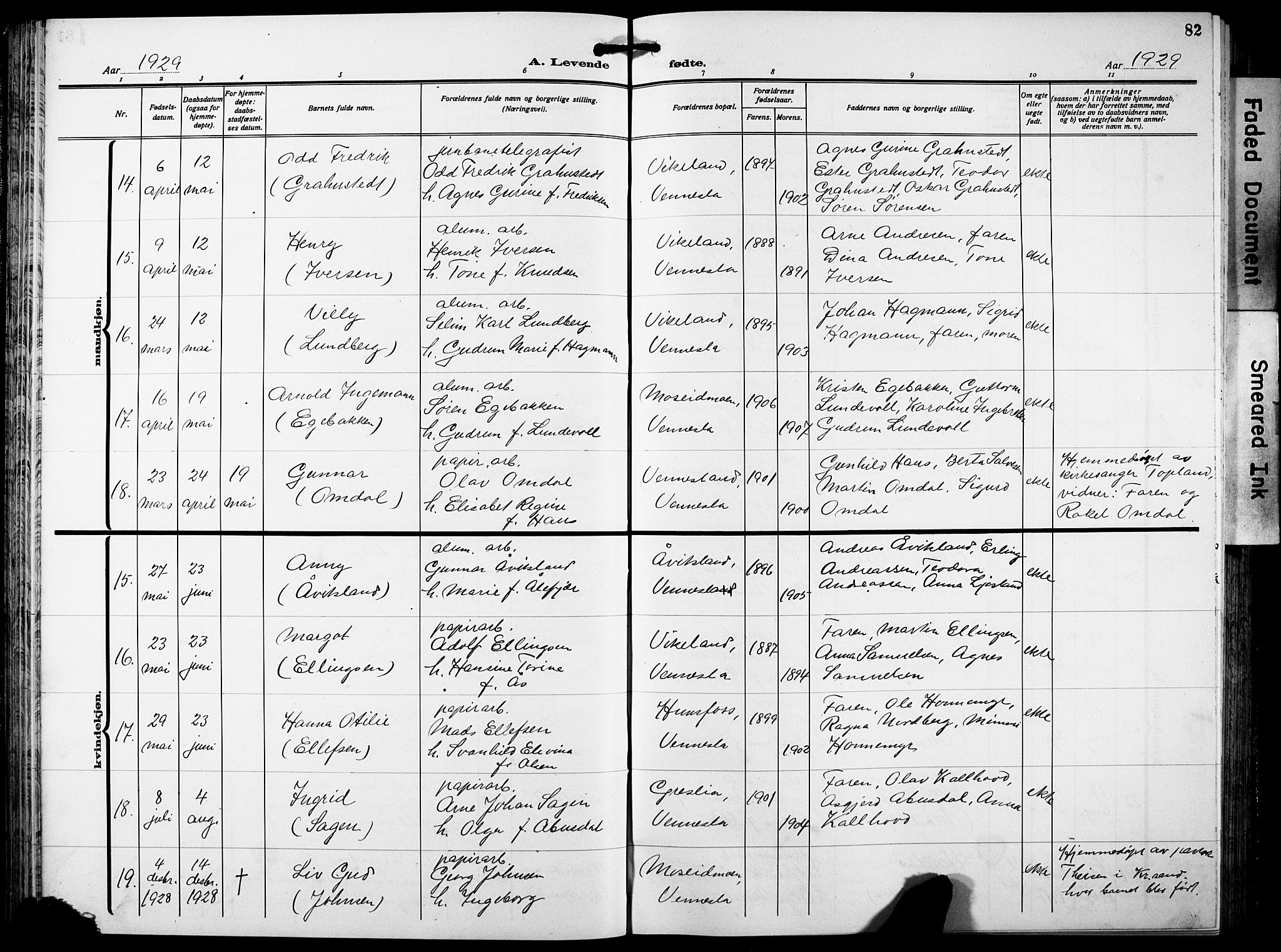 Vennesla sokneprestkontor, AV/SAK-1111-0045/Fb/Fbb/L0007: Parish register (copy) no. B 7, 1922-1933, p. 82