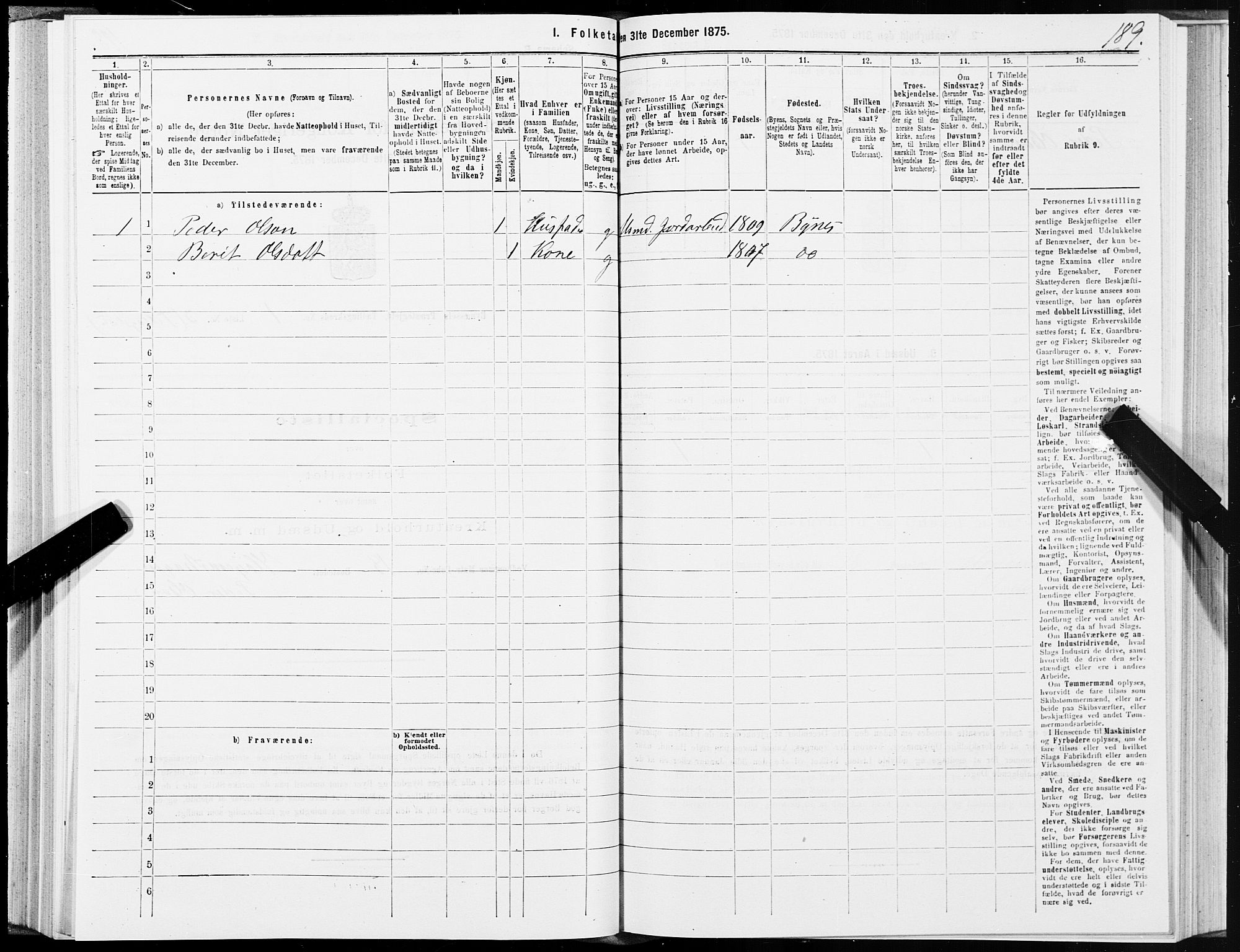 SAT, 1875 census for 1655P Byneset, 1875, p. 1189