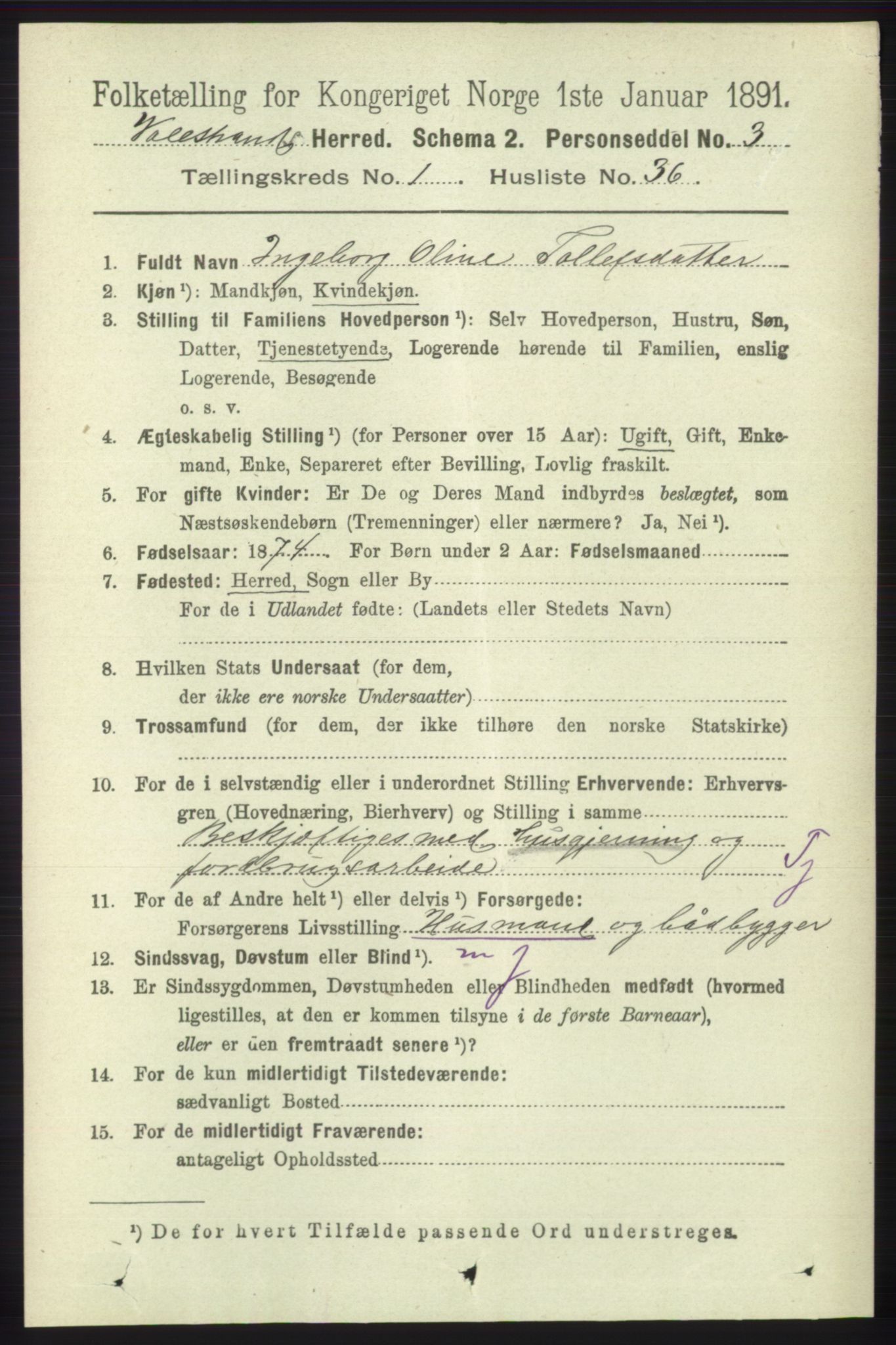 RA, 1891 census for 1217 Valestrand, 1891, p. 256