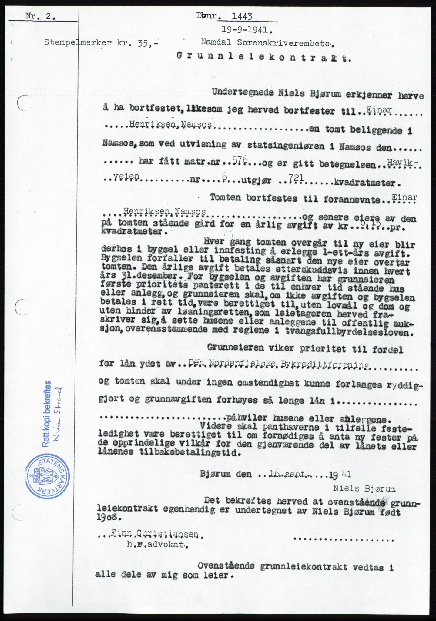 Namdal sorenskriveri, SAT/A-4133/1/2/2C: Mortgage book no. -, 1943-1944, Diary no: : 1443/1943