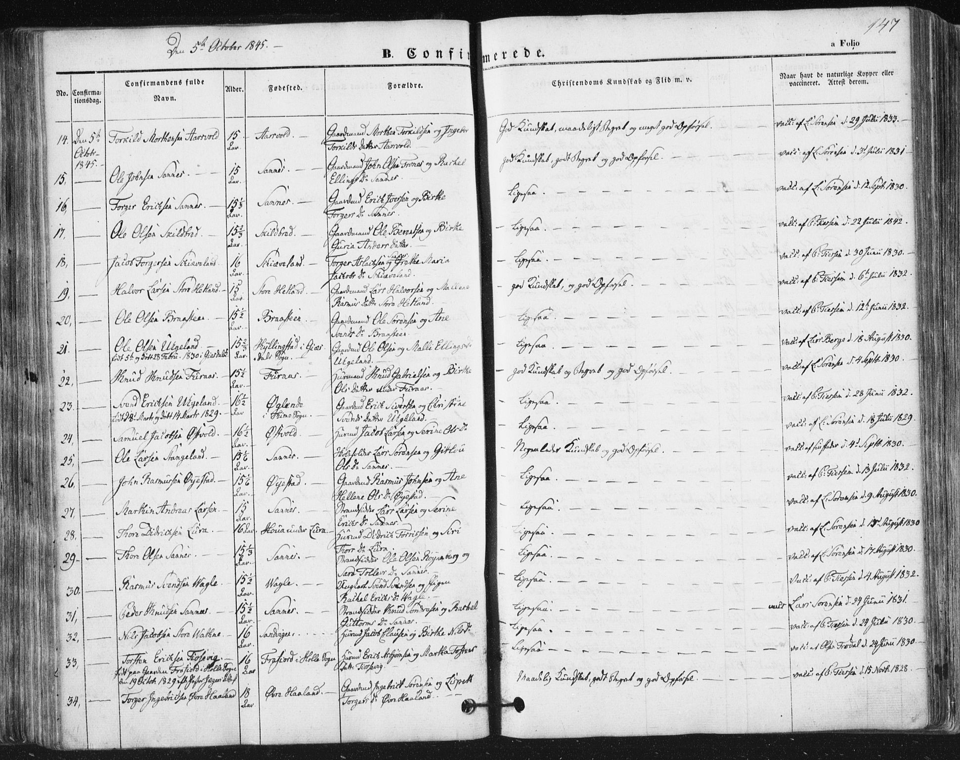 Høyland sokneprestkontor, SAST/A-101799/001/30BA/L0008: Parish register (official) no. A 8, 1841-1856, p. 147