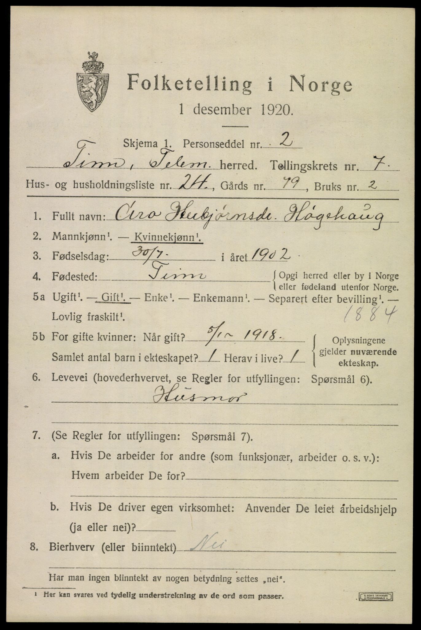 SAKO, 1920 census for Tinn, 1920, p. 5082