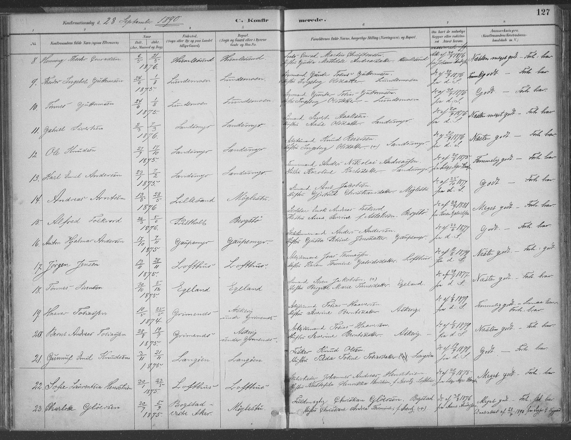 Vestre Moland sokneprestkontor, AV/SAK-1111-0046/F/Fa/Fab/L0009: Parish register (official) no. A 9, 1884-1899, p. 127