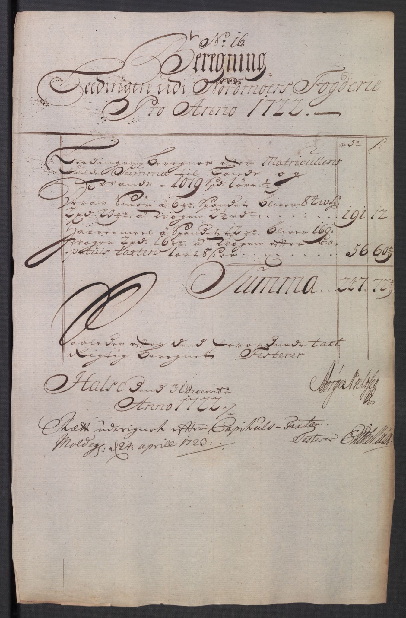 Rentekammeret inntil 1814, Reviderte regnskaper, Fogderegnskap, RA/EA-4092/R56/L3755: Fogderegnskap Nordmøre, 1722, p. 175
