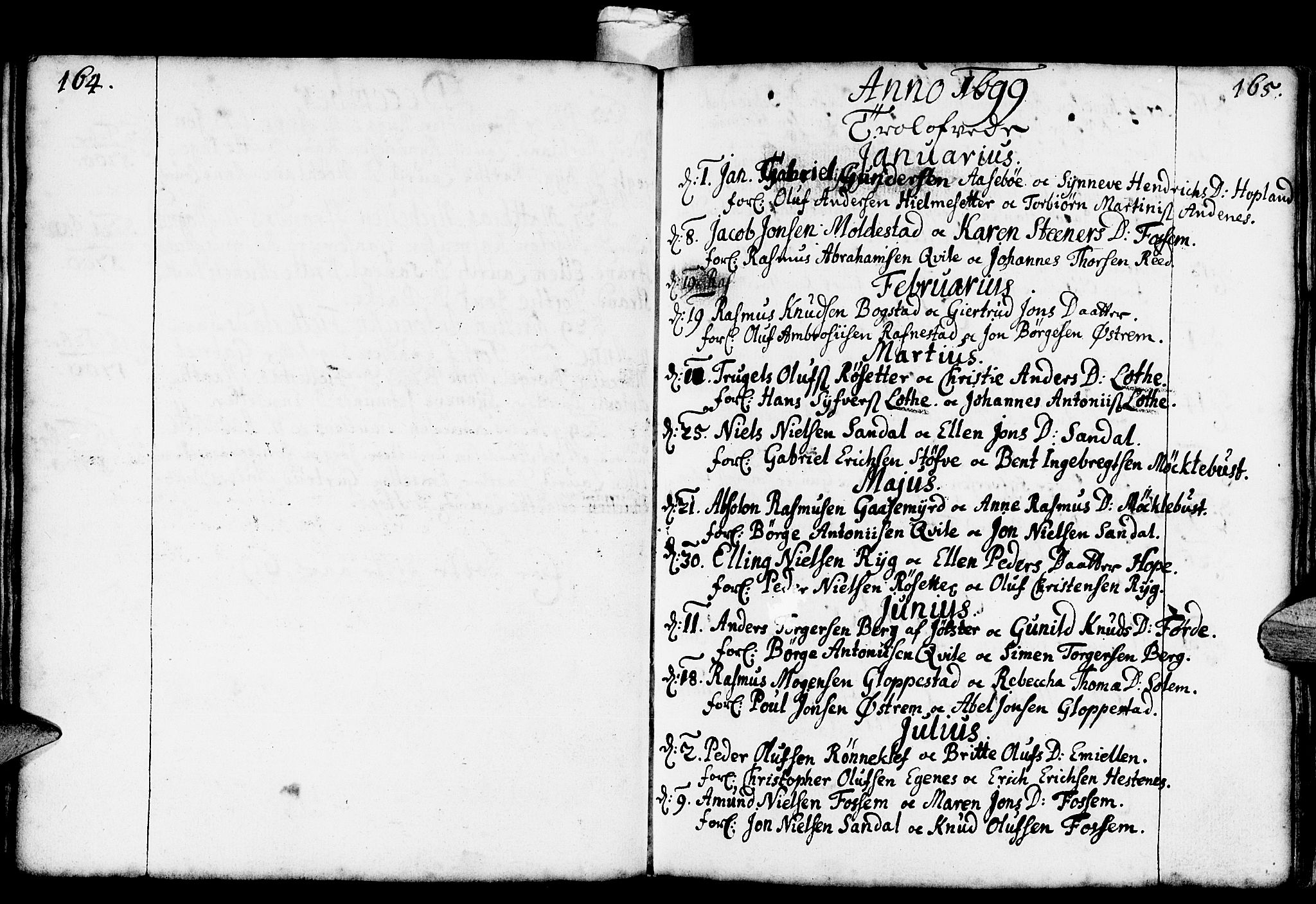 Gloppen sokneprestembete, SAB/A-80101/H/Haa/Haaa/L0001: Parish register (official) no. A 1, 1686-1711, p. 164-165