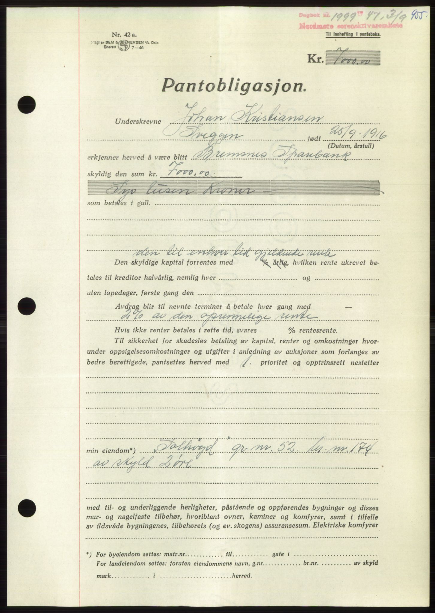 Nordmøre sorenskriveri, AV/SAT-A-4132/1/2/2Ca: Mortgage book no. B96, 1947-1947, Diary no: : 1999/1947