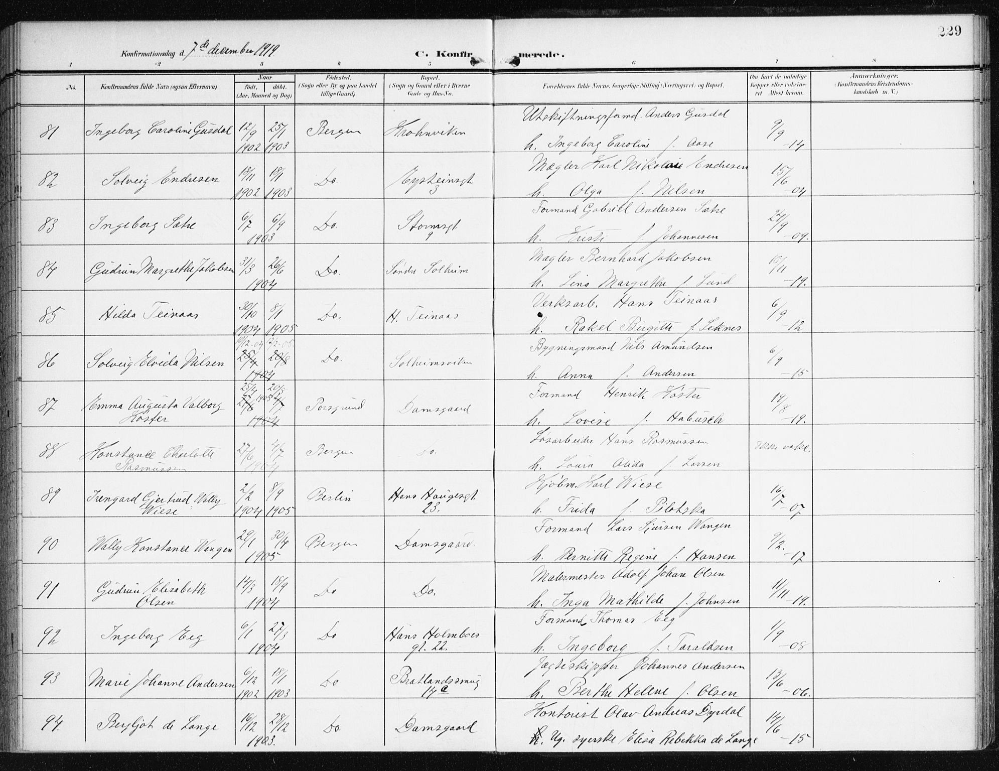 Johanneskirken sokneprestembete, AV/SAB-A-76001/H/Haa/L0009: Parish register (official) no. C 2, 1907-1924, p. 229