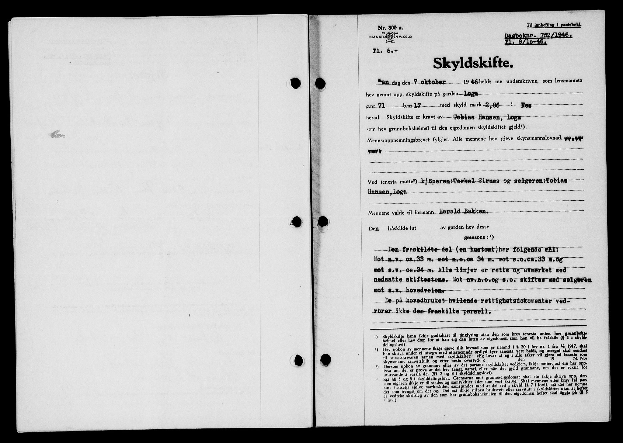 Flekkefjord sorenskriveri, SAK/1221-0001/G/Gb/Gba/L0061: Mortgage book no. A-9, 1946-1947, Diary no: : 752/1946