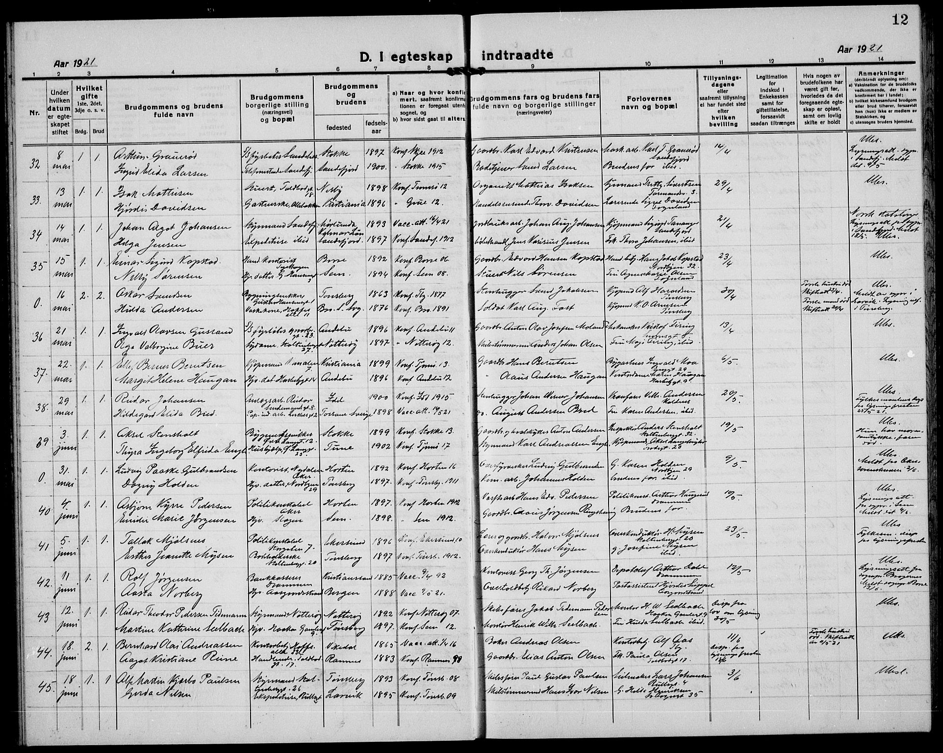 Tønsberg kirkebøker, AV/SAKO-A-330/G/Ga/L0016: Parish register (copy) no. 16, 1920-1933, p. 12