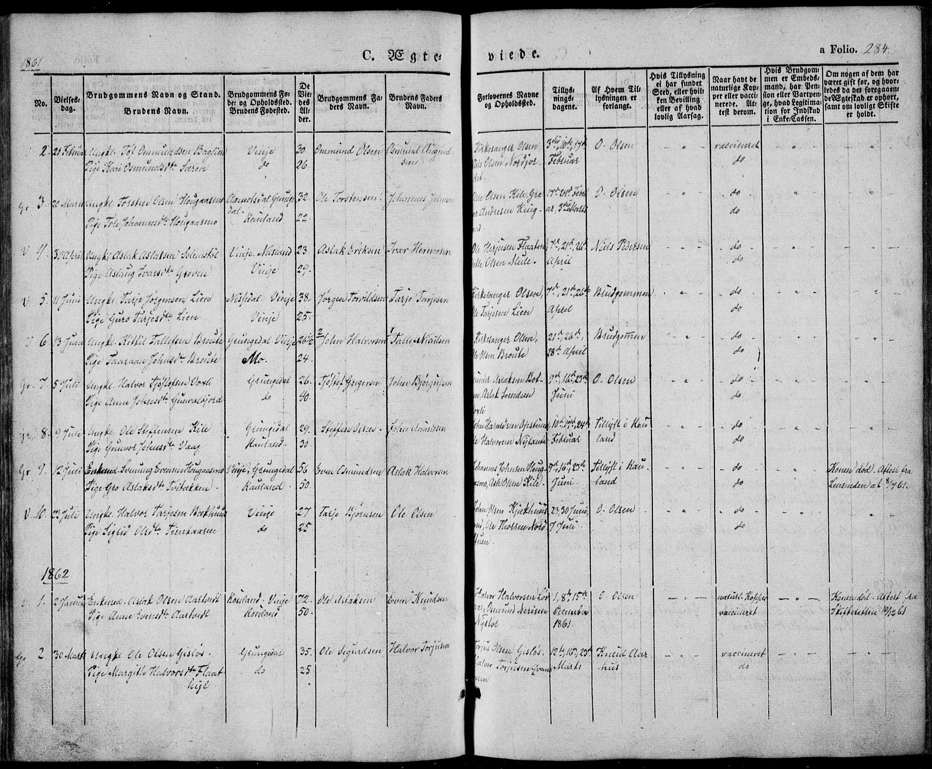 Vinje kirkebøker, SAKO/A-312/F/Fa/L0004: Parish register (official) no. I 4, 1843-1869, p. 284