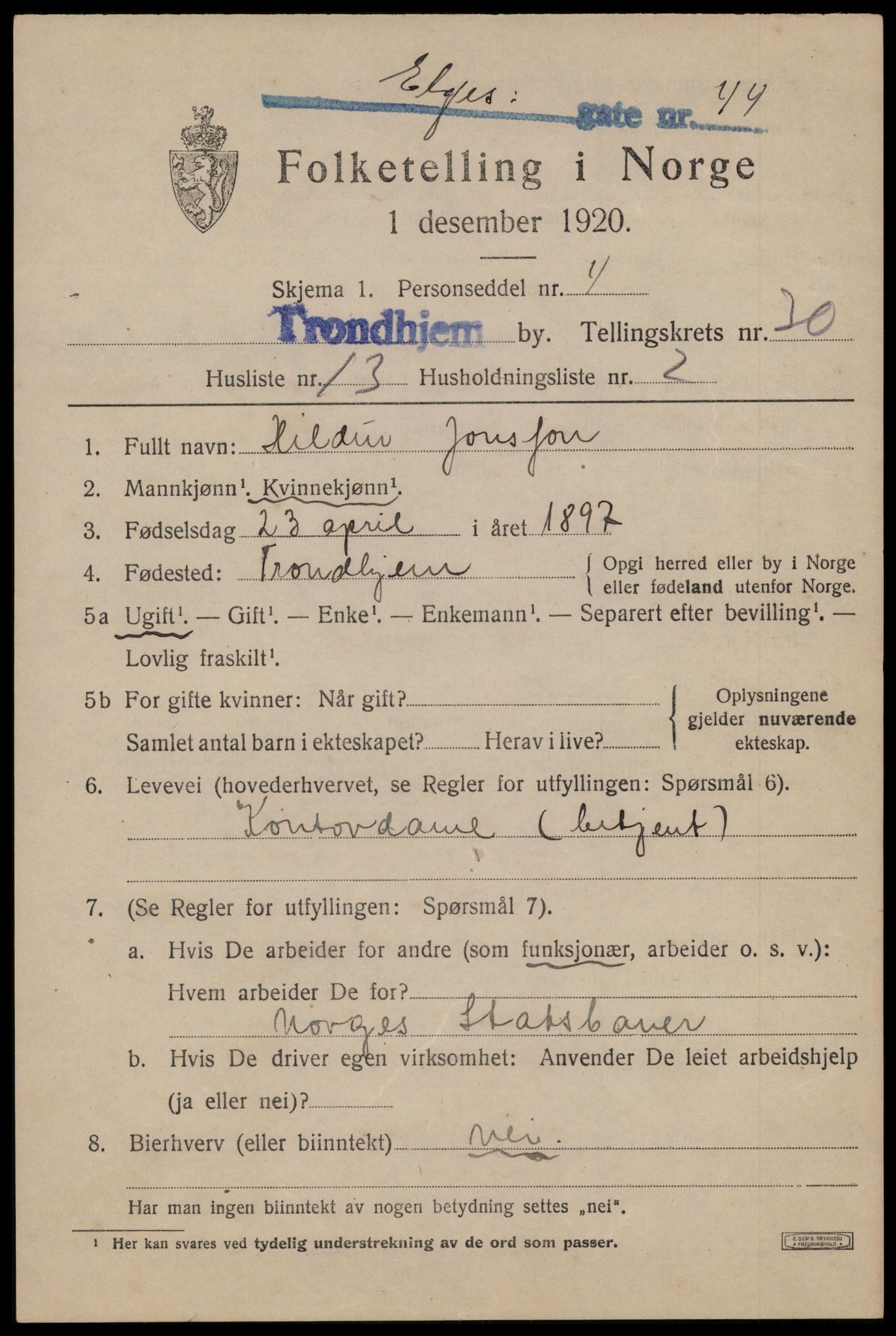 SAT, 1920 census for Trondheim, 1920, p. 74026