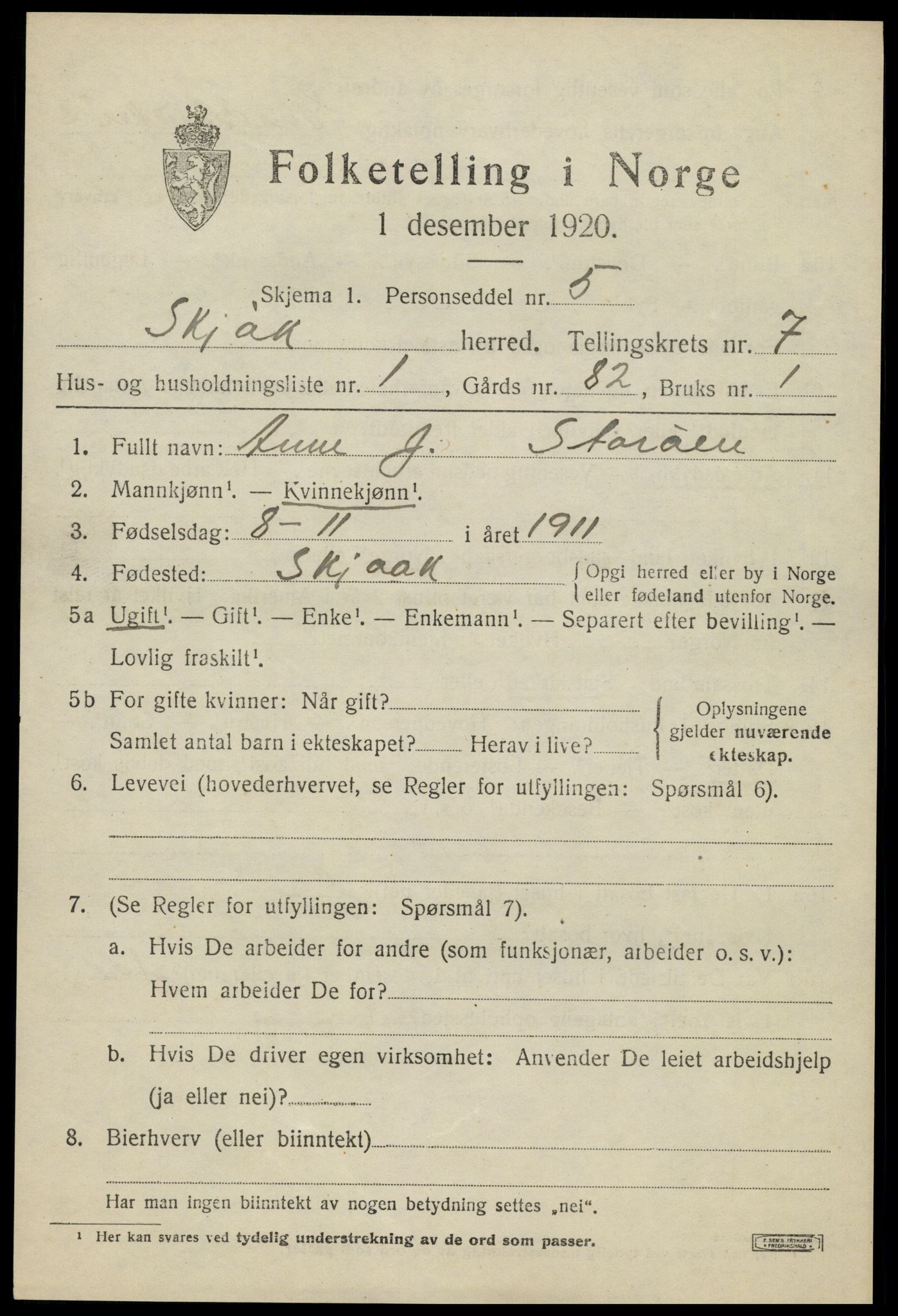 SAH, 1920 census for Skjåk, 1920, p. 3392