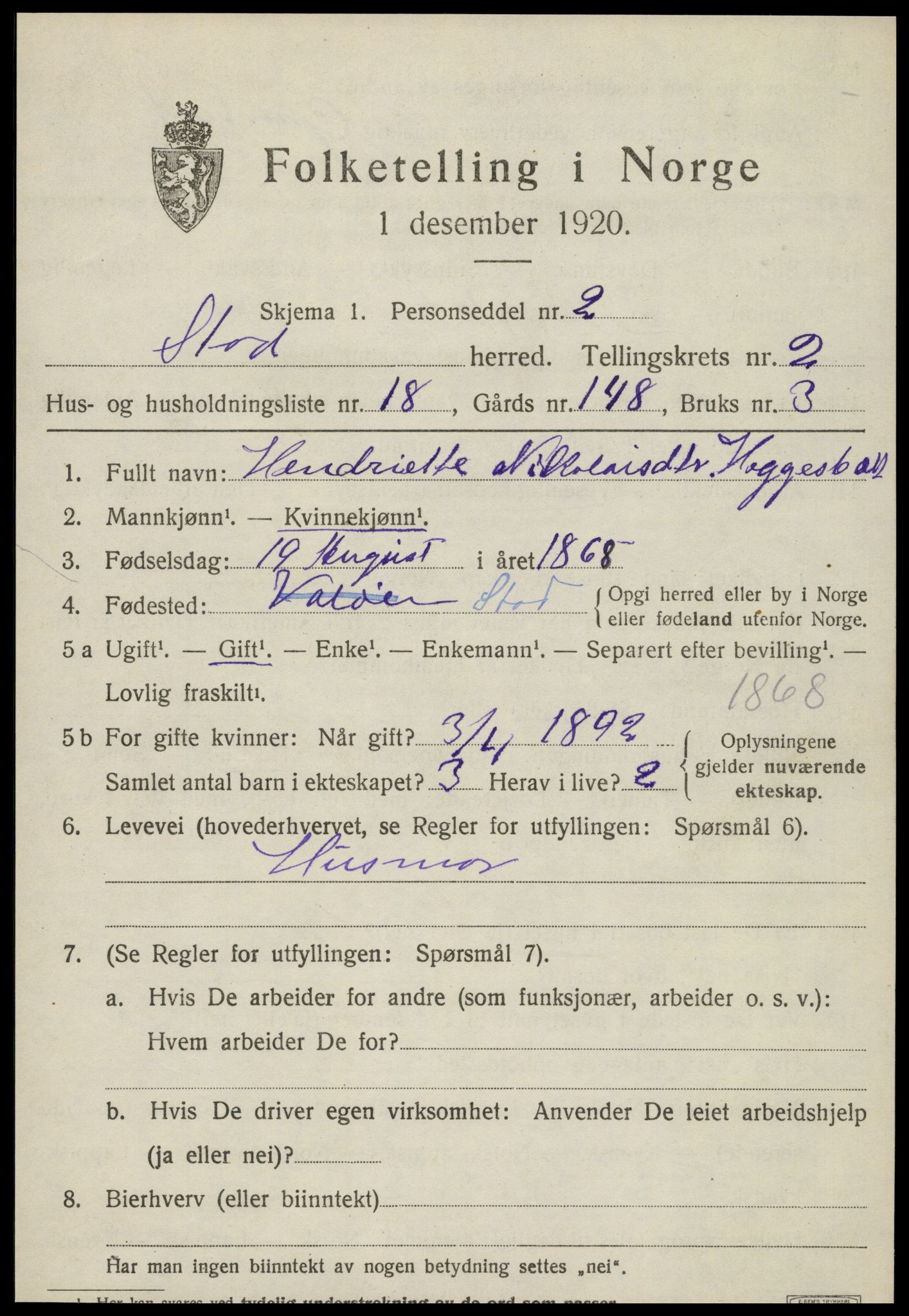 SAT, 1920 census for Stod, 1920, p. 1450