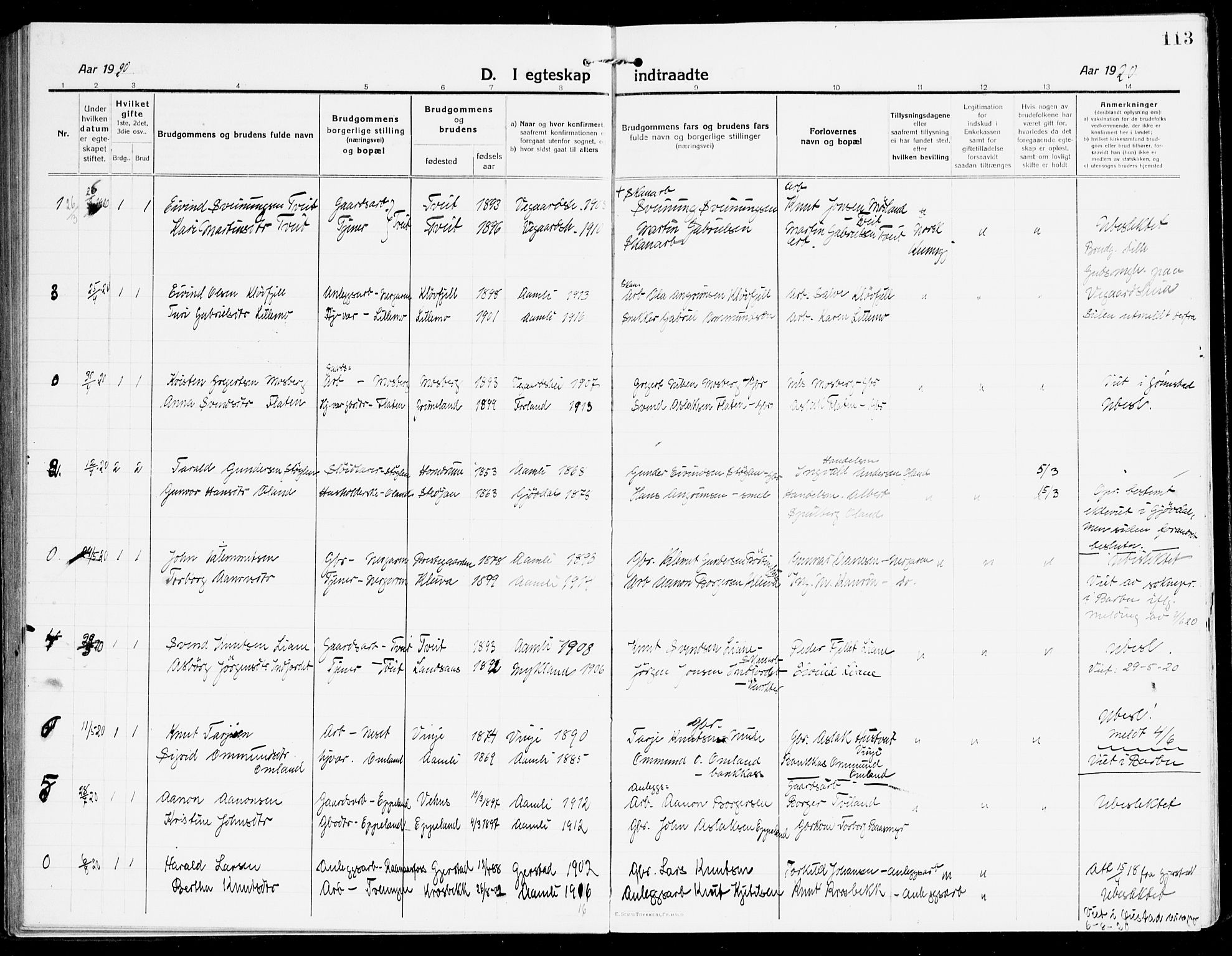 Åmli sokneprestkontor, AV/SAK-1111-0050/F/Fa/Fac/L0013: Parish register (official) no. A 13, 1914-1933, p. 113