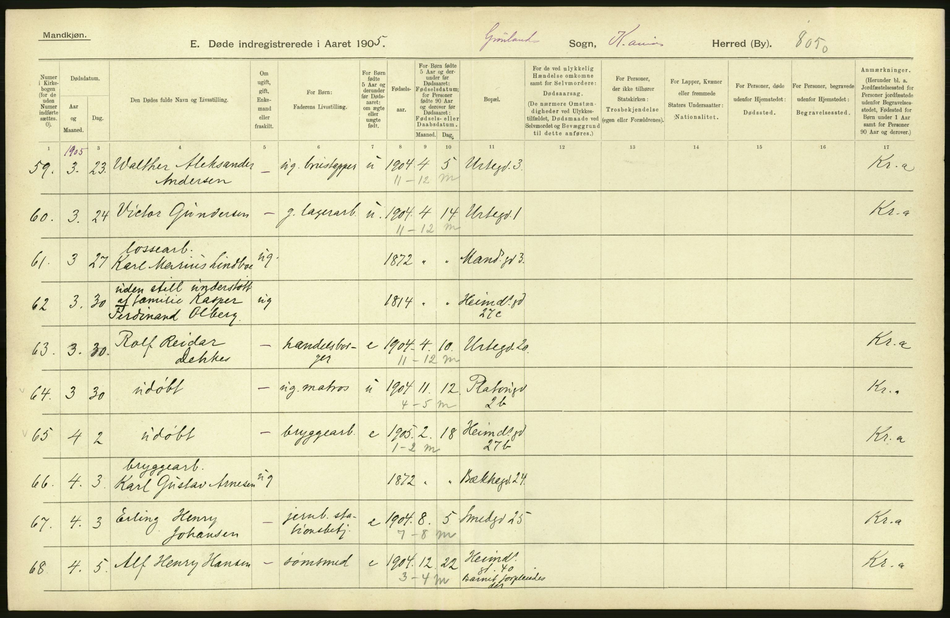 Statistisk sentralbyrå, Sosiodemografiske emner, Befolkning, RA/S-2228/D/Df/Dfa/Dfac/L0007a: Kristiania: Døde, dødfødte., 1905, p. 802