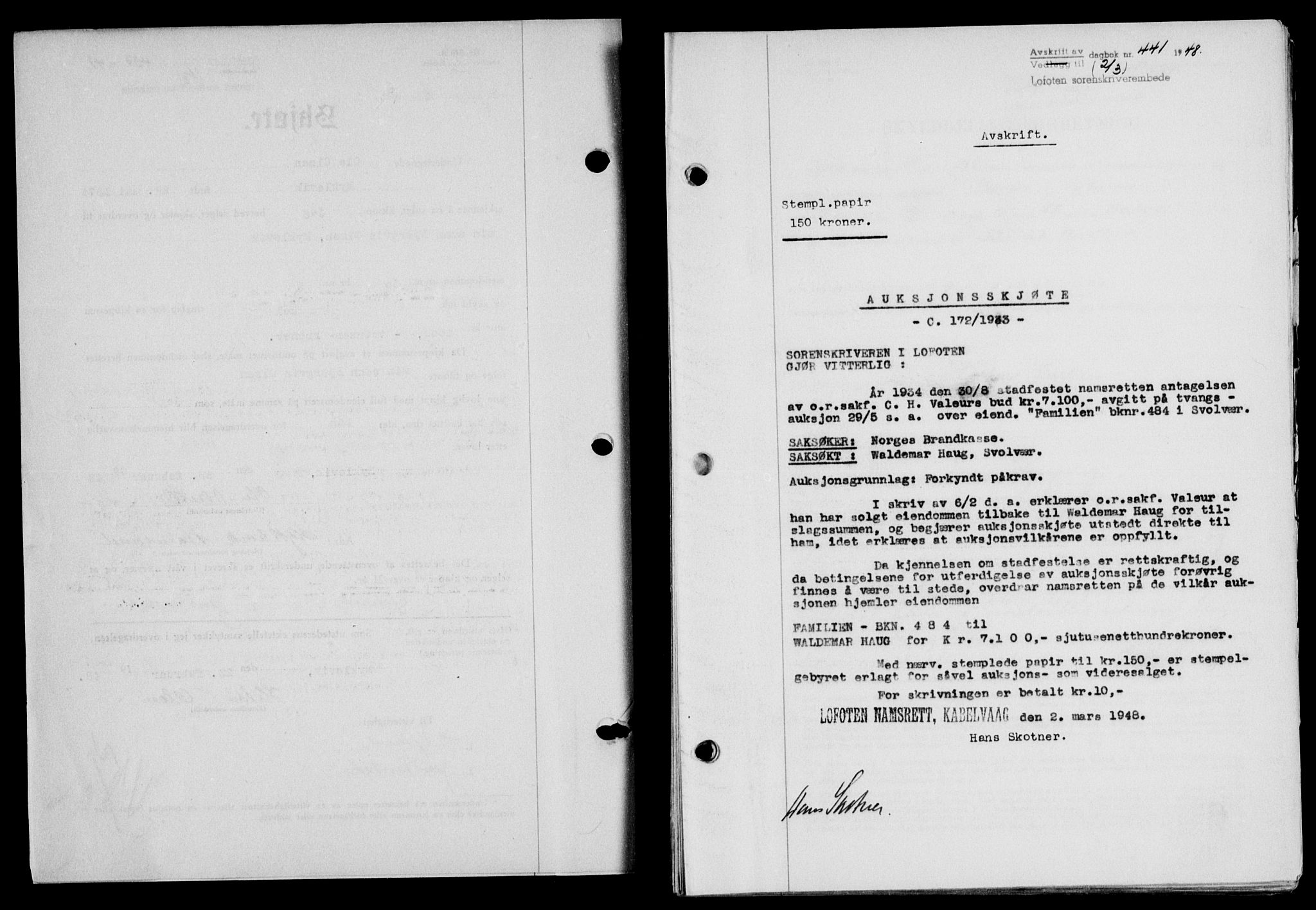Lofoten sorenskriveri, SAT/A-0017/1/2/2C/L0018a: Mortgage book no. 18a, 1948-1948, Diary no: : 441/1948