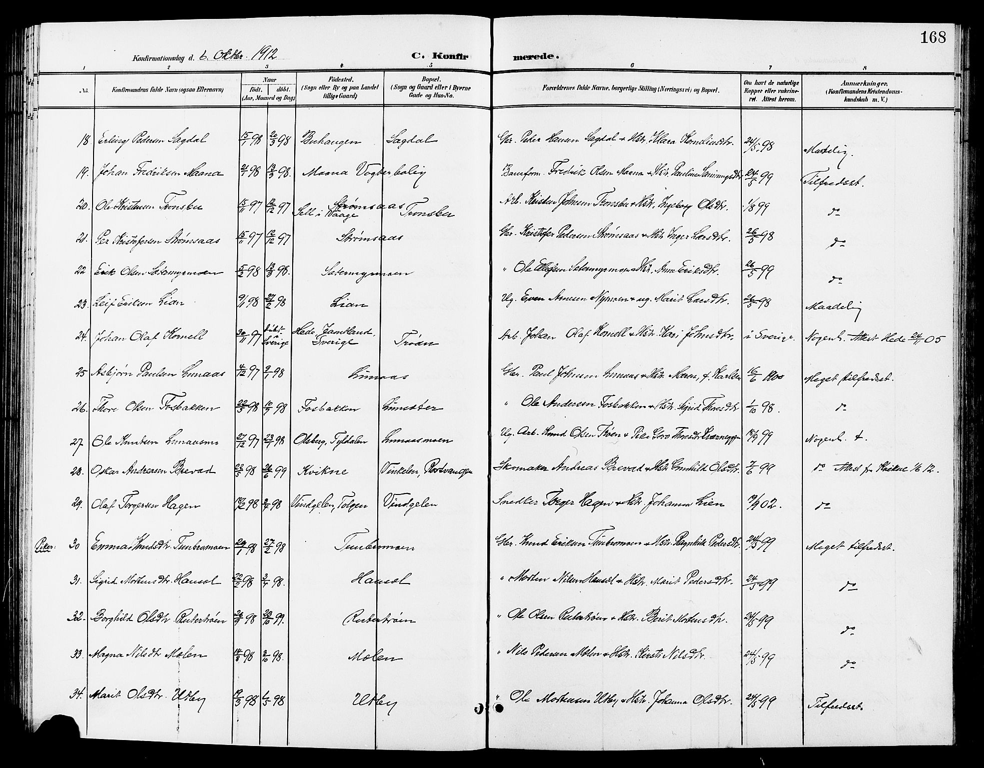 Tynset prestekontor, AV/SAH-PREST-058/H/Ha/Hab/L0009: Parish register (copy) no. 9, 1900-1914, p. 168