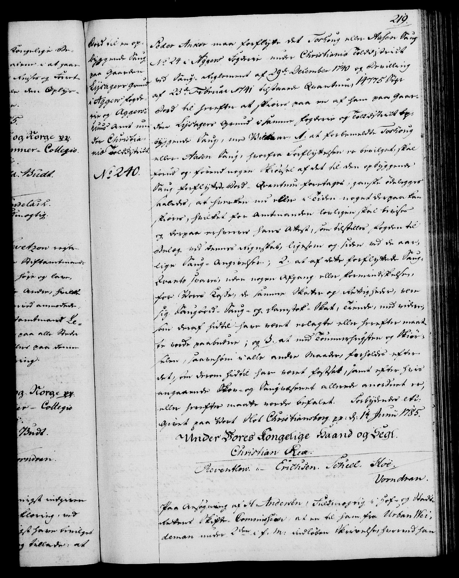 Rentekammeret, Kammerkanselliet, RA/EA-3111/G/Gg/Gga/L0013: Norsk ekspedisjonsprotokoll med register (merket RK 53.13), 1784-1787, p. 219