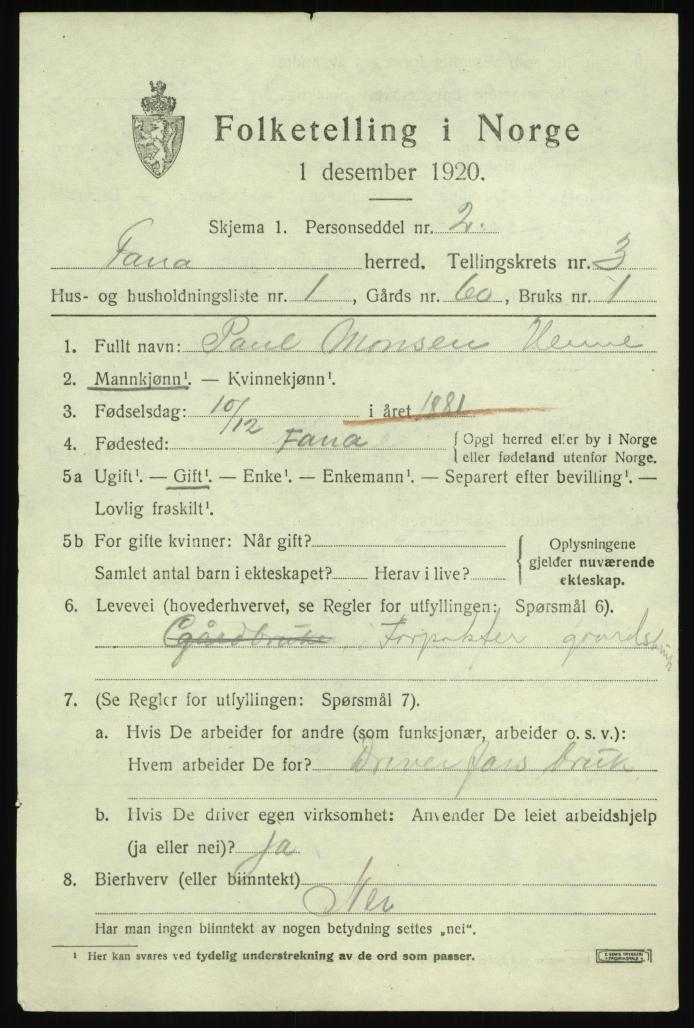 SAB, 1920 census for Fana, 1920, p. 5059