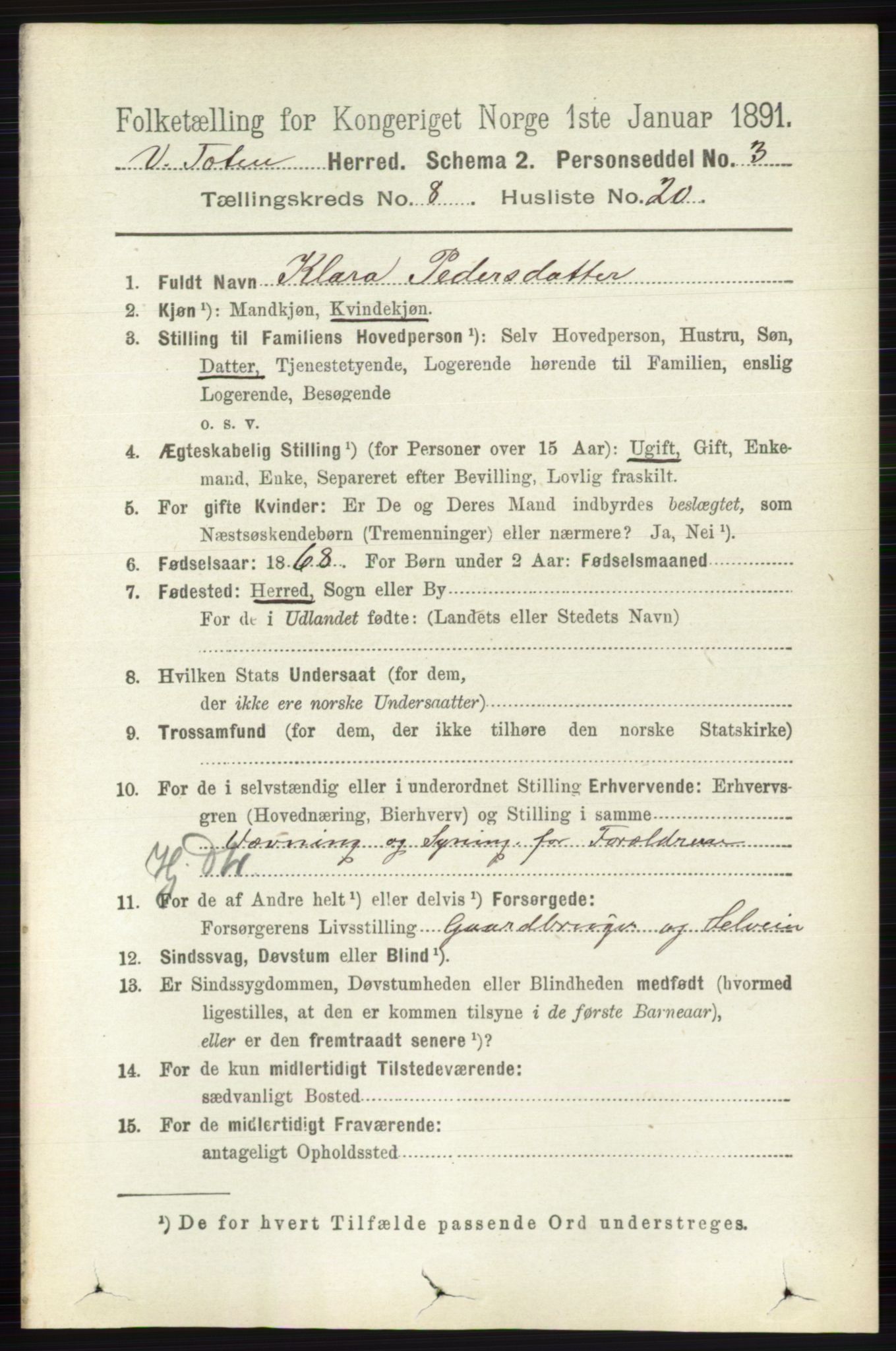 RA, 1891 census for 0529 Vestre Toten, 1891, p. 5114