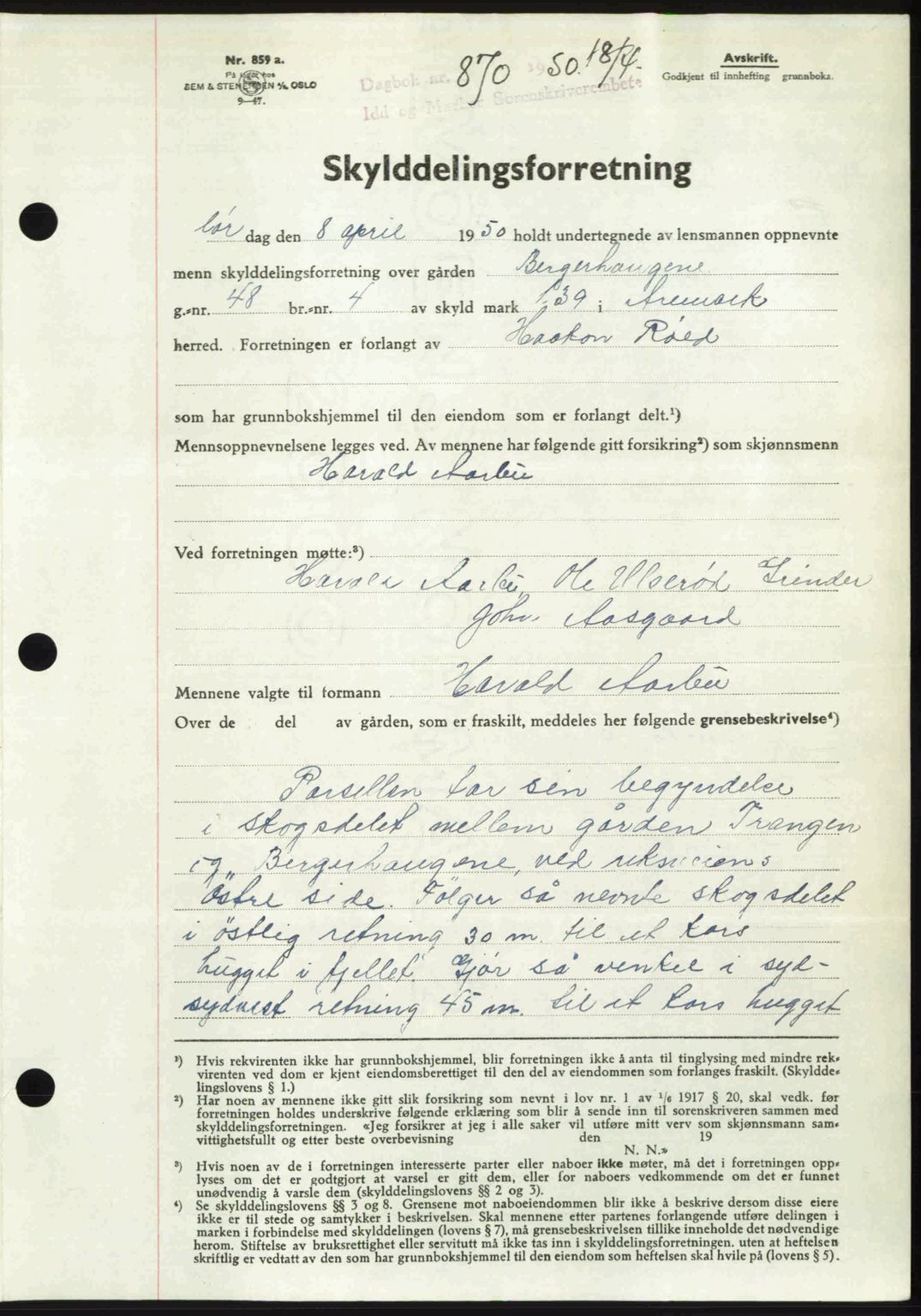 Idd og Marker sorenskriveri, AV/SAO-A-10283/G/Gb/Gbb/L0014: Mortgage book no. A14, 1950-1950, Diary no: : 870/1950