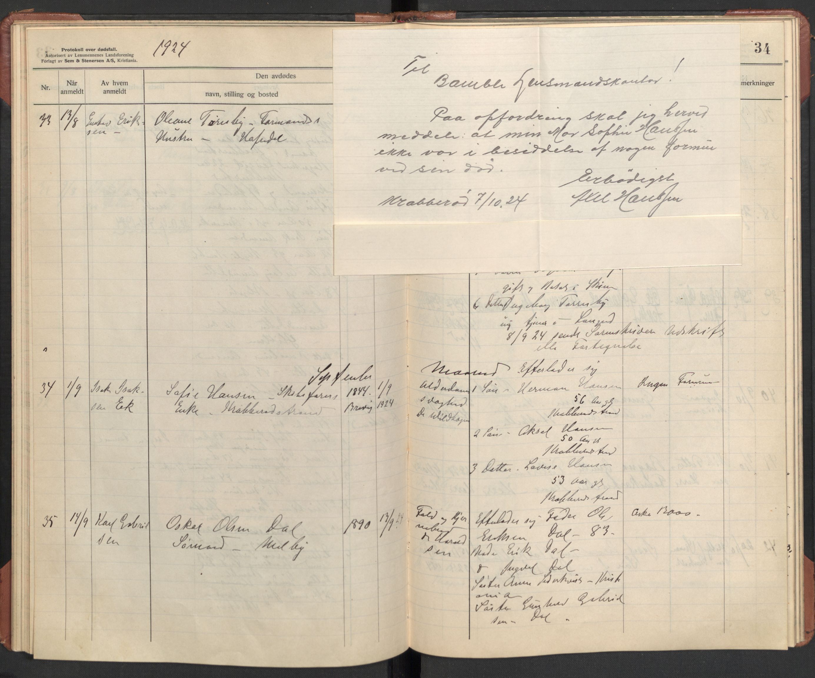 Bamble lensmannskontor, SAKO/A-552/H/Ha/Haa/L0004: Dødsfallsprotokoll, 1923-1926, p. 34