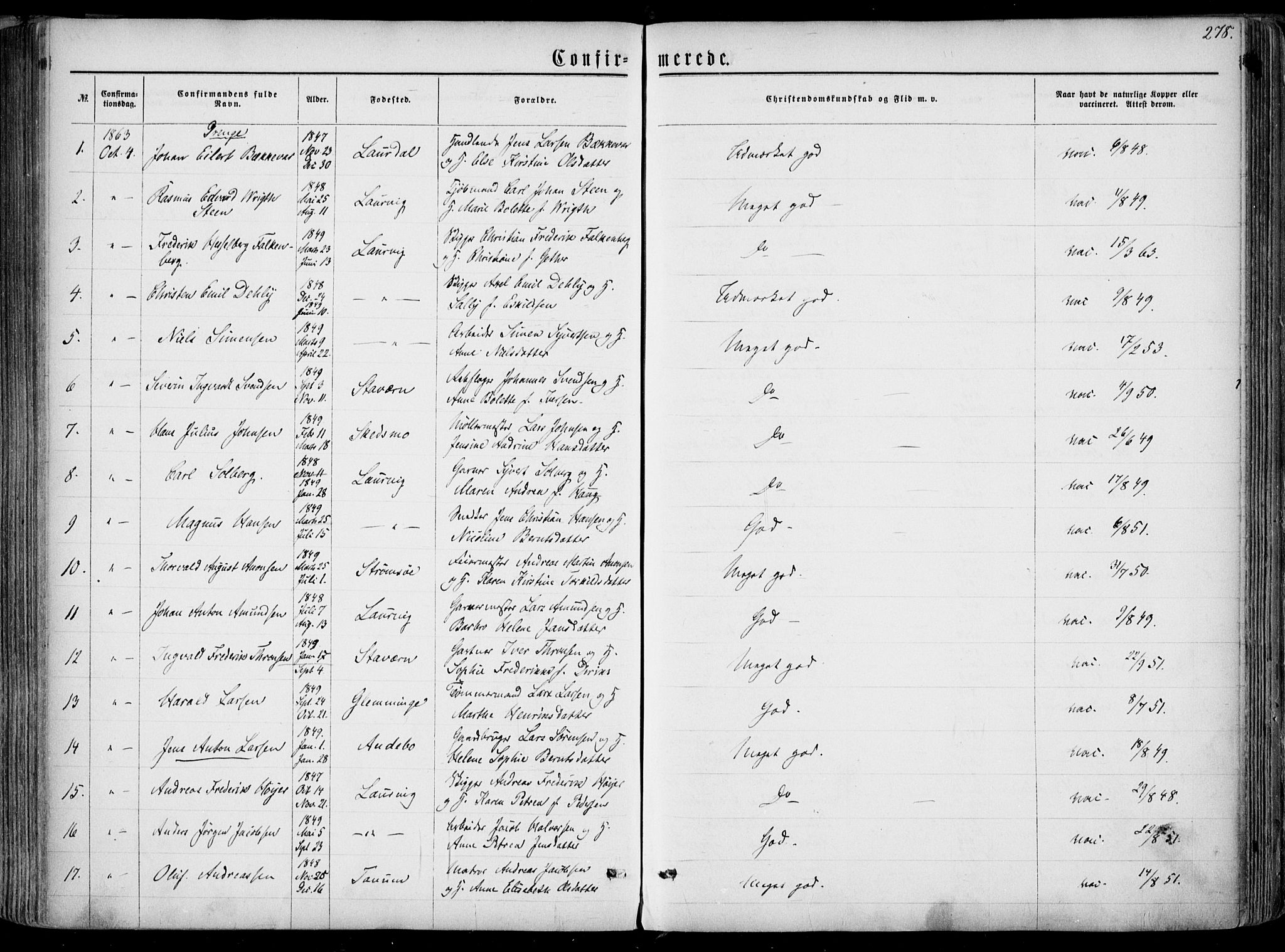 Larvik kirkebøker, AV/SAKO-A-352/F/Fa/L0004: Parish register (official) no. I 4, 1856-1870, p. 278