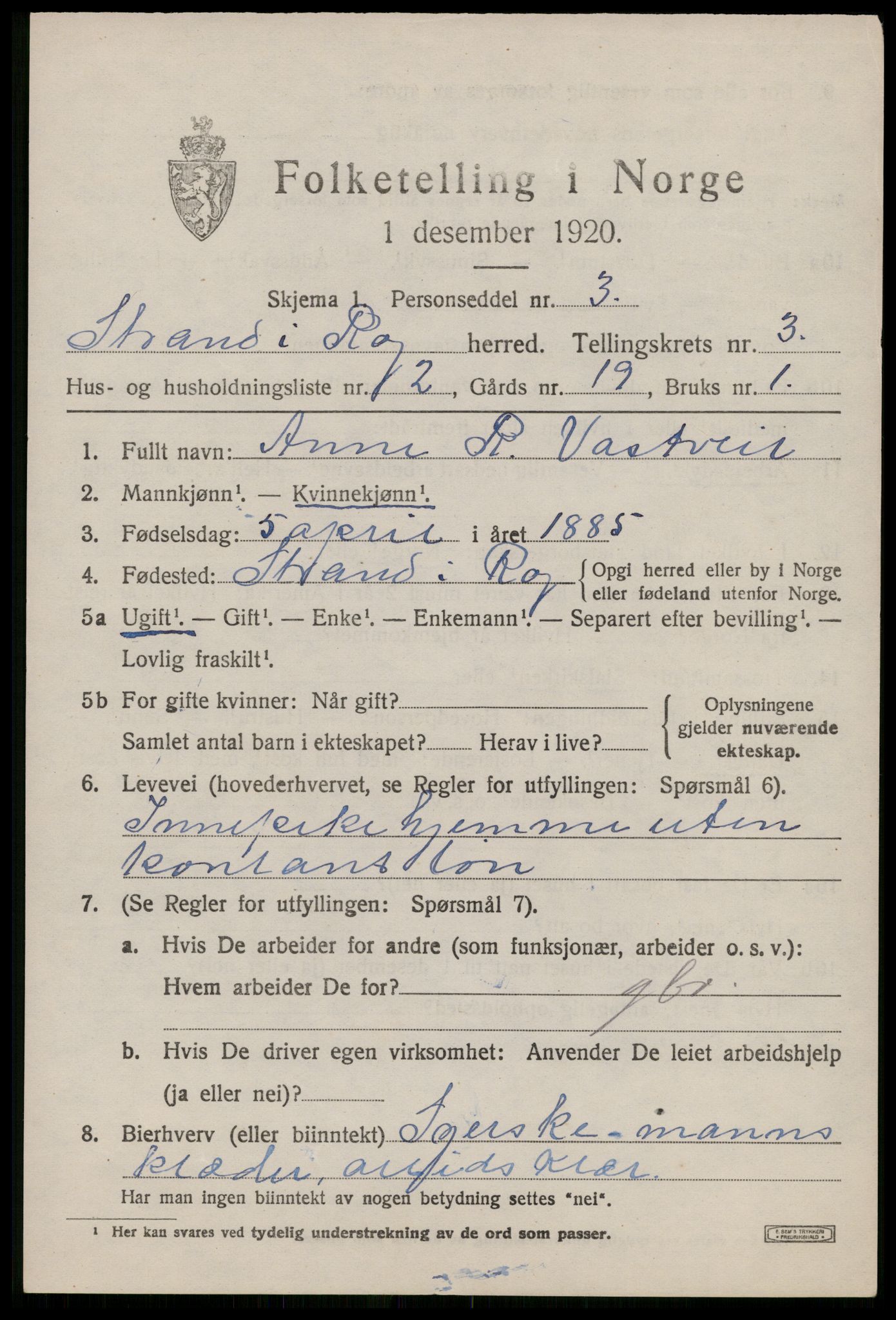 SAST, 1920 census for Strand, 1920, p. 2320