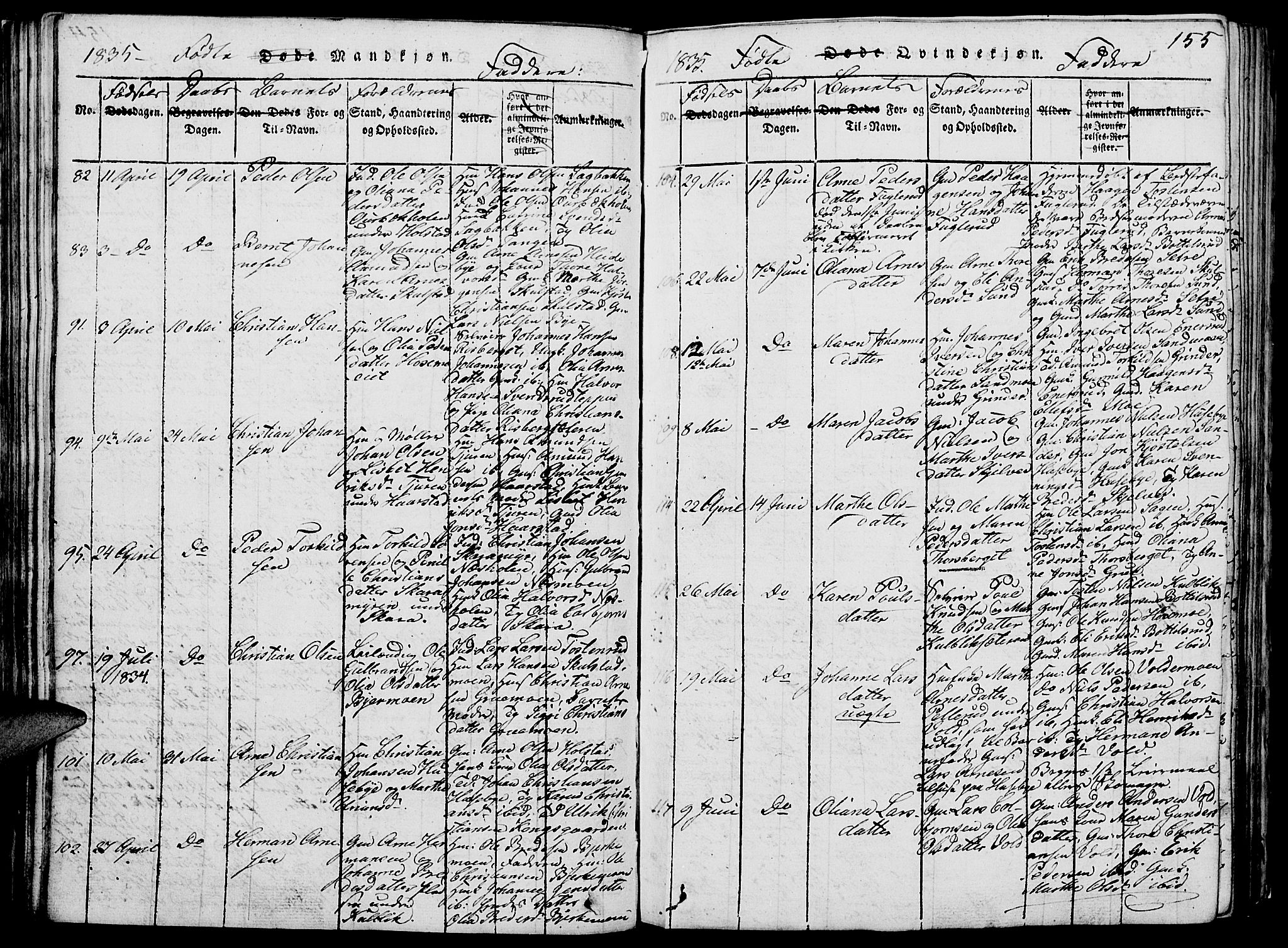 Grue prestekontor, SAH/PREST-036/H/Ha/Hab/L0002: Parish register (copy) no. 2, 1815-1841, p. 155