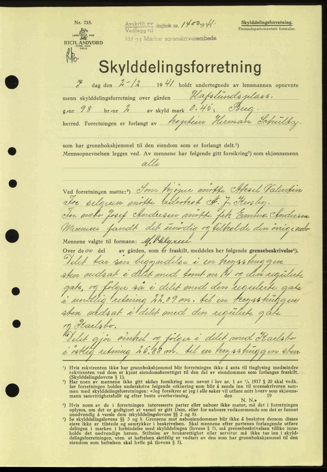 Idd og Marker sorenskriveri, AV/SAO-A-10283/G/Gb/Gbb/L0005: Mortgage book no. A5, 1941-1943, Diary no: : 1400/1941