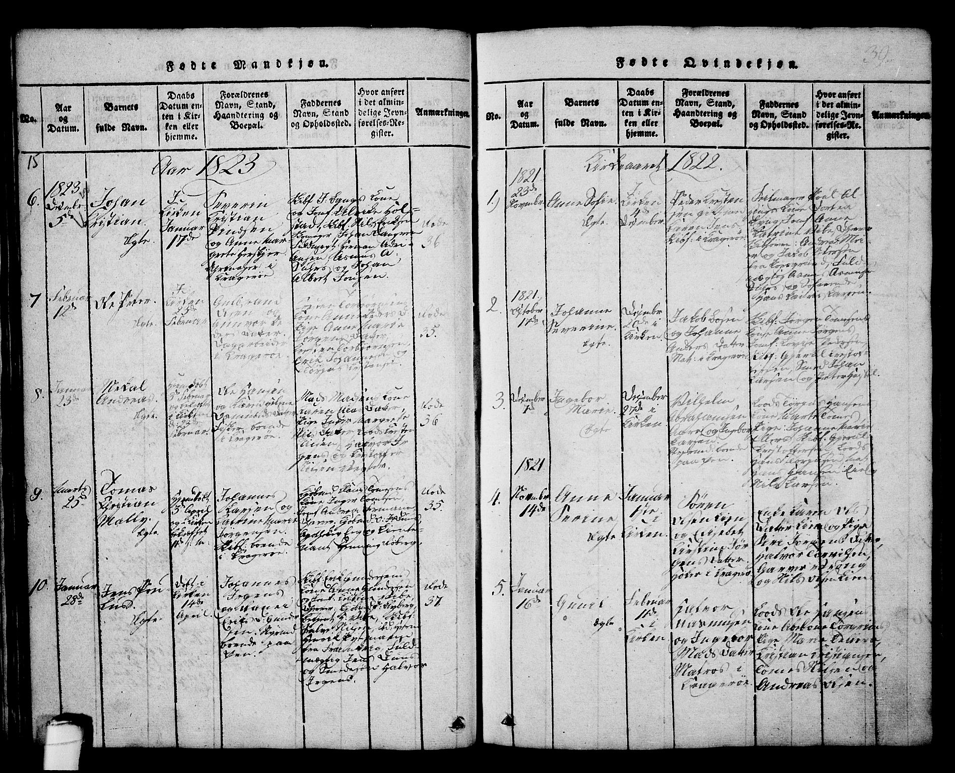 Kragerø kirkebøker, SAKO/A-278/G/Ga/L0002: Parish register (copy) no. 2, 1814-1831, p. 39