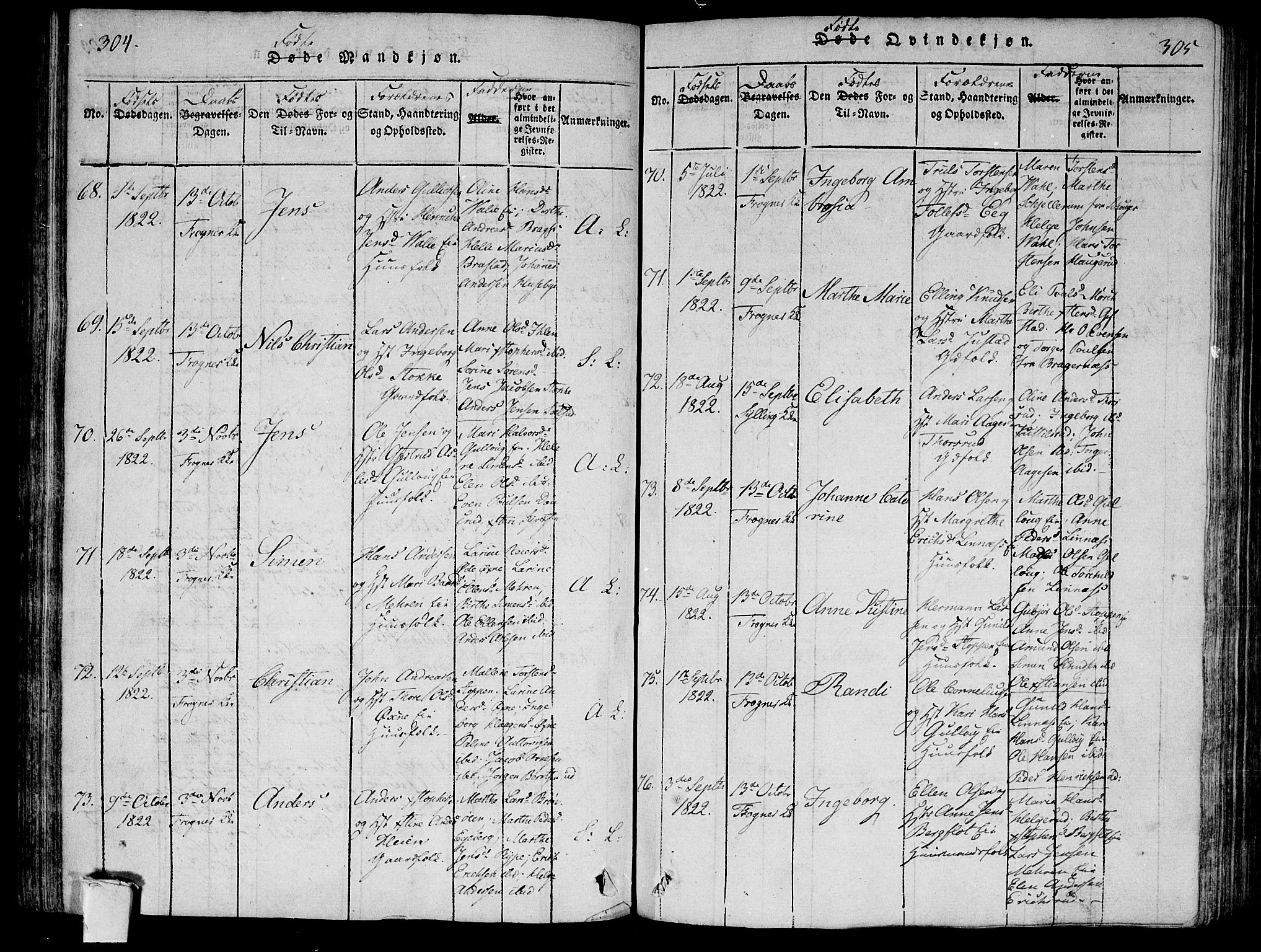 Lier kirkebøker, SAKO/A-230/F/Fa/L0008: Parish register (official) no. I 8, 1813-1825, p. 304-305