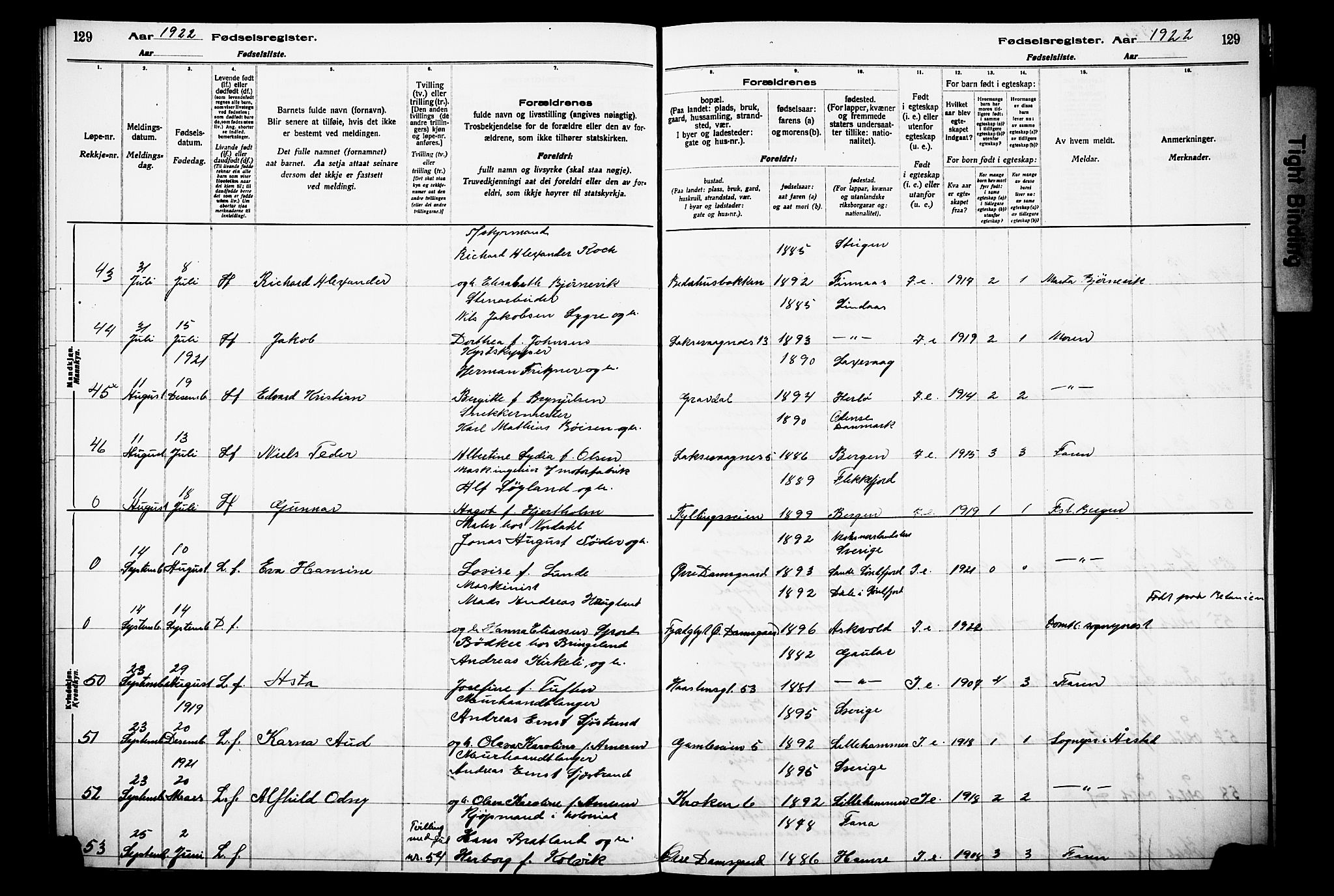 Laksevåg Sokneprestembete, AV/SAB-A-76501/I/Id/L00A1: Birth register no. A 1, 1916-1926, p. 129