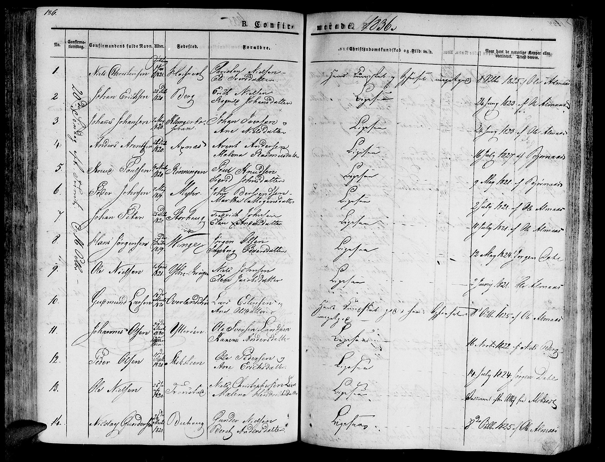 Ministerialprotokoller, klokkerbøker og fødselsregistre - Nord-Trøndelag, SAT/A-1458/701/L0006: Parish register (official) no. 701A06, 1825-1841, p. 186