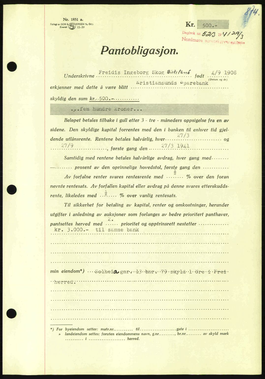 Nordmøre sorenskriveri, AV/SAT-A-4132/1/2/2Ca: Mortgage book no. B87, 1940-1941, Diary no: : 523/1941