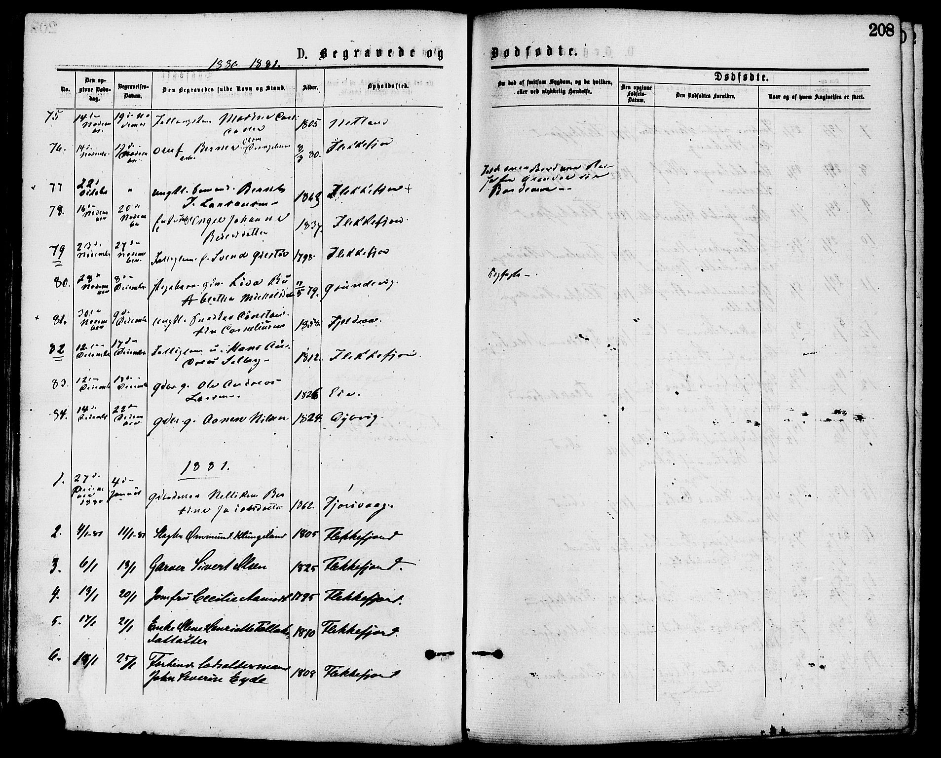 Flekkefjord sokneprestkontor, SAK/1111-0012/F/Fa/Fac/L0007: Parish register (official) no. A 7, 1875-1885, p. 208