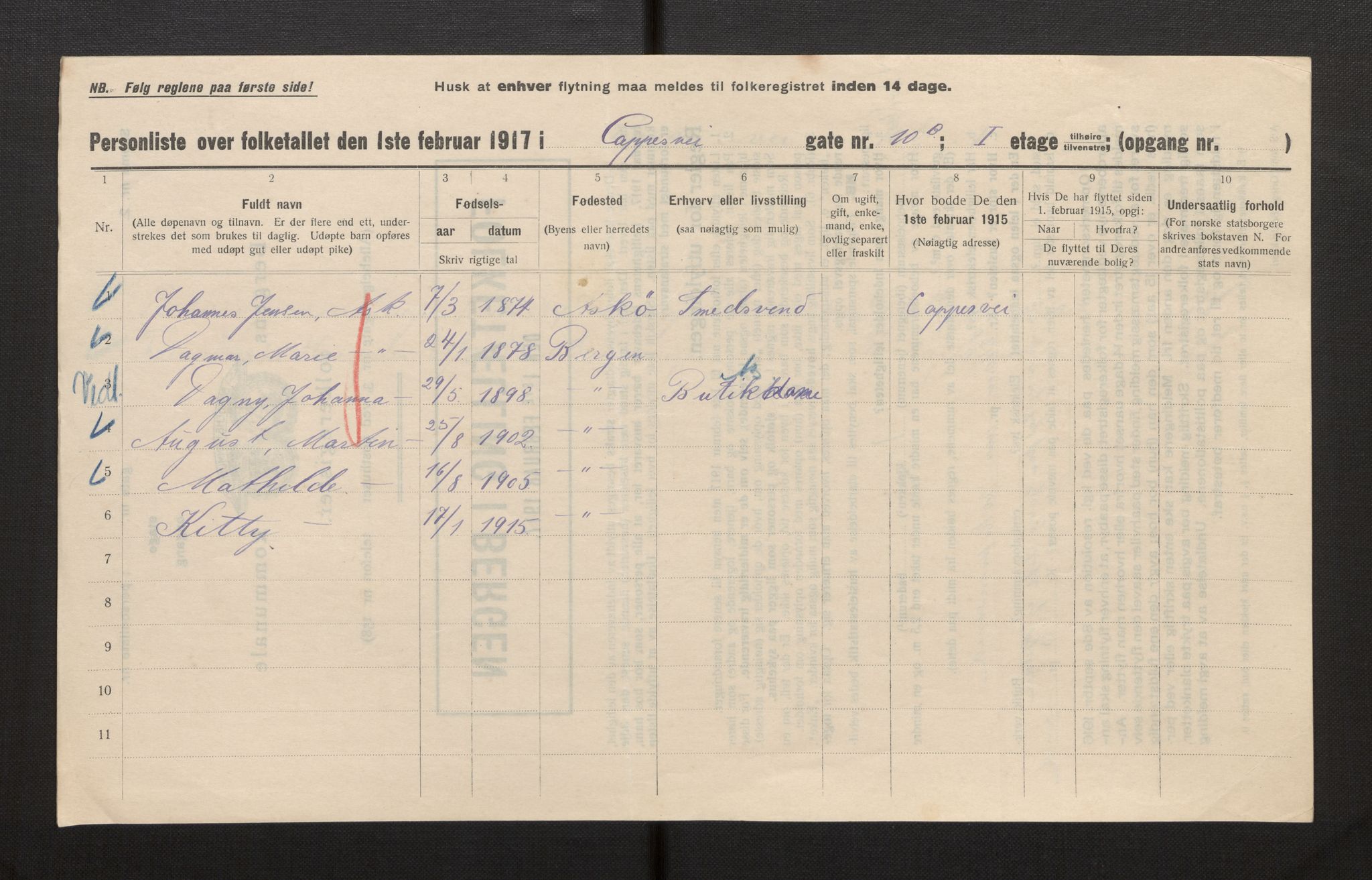 SAB, Municipal Census 1917 for Bergen, 1917, p. 4369