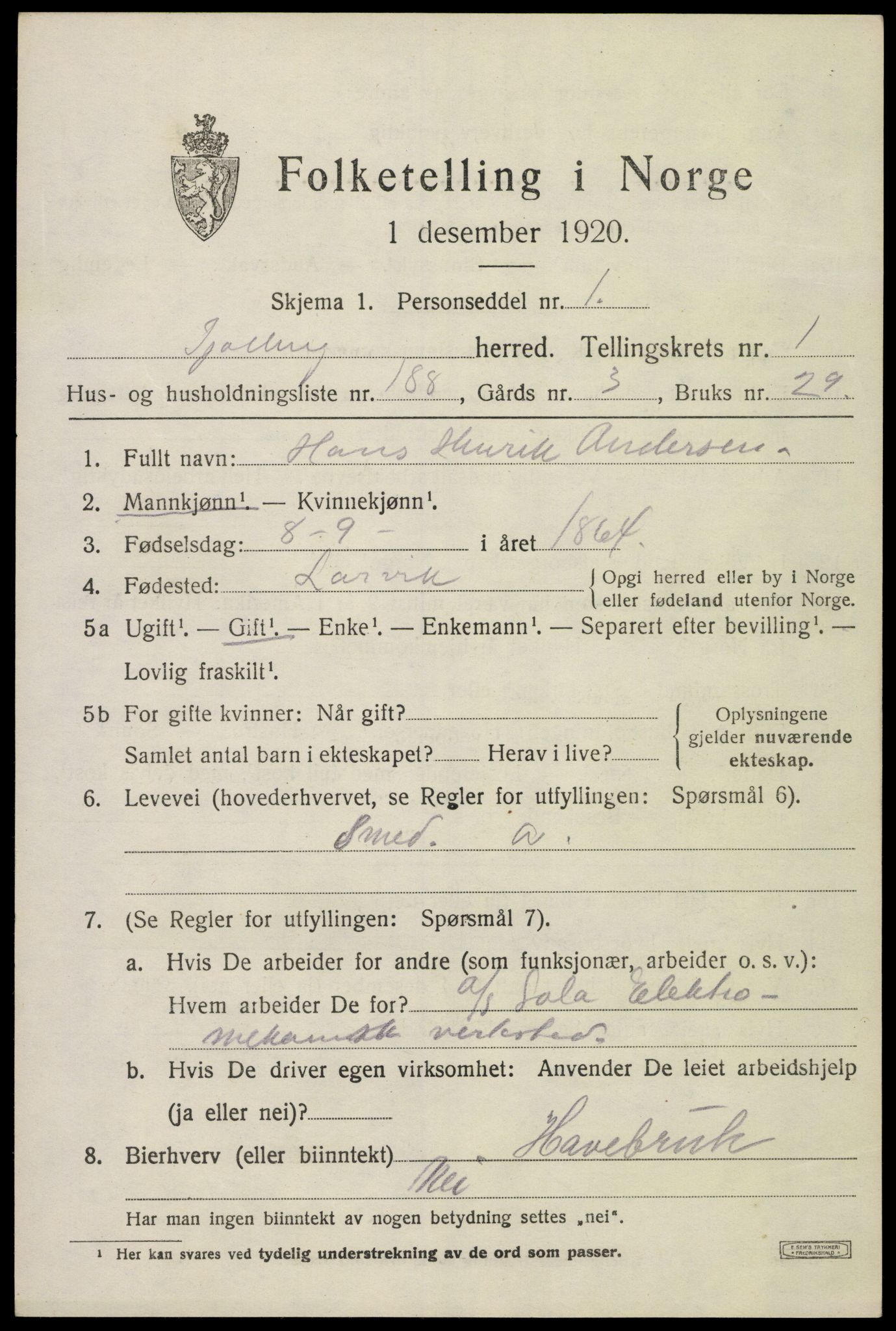 SAKO, 1920 census for Tjølling, 1920, p. 3703