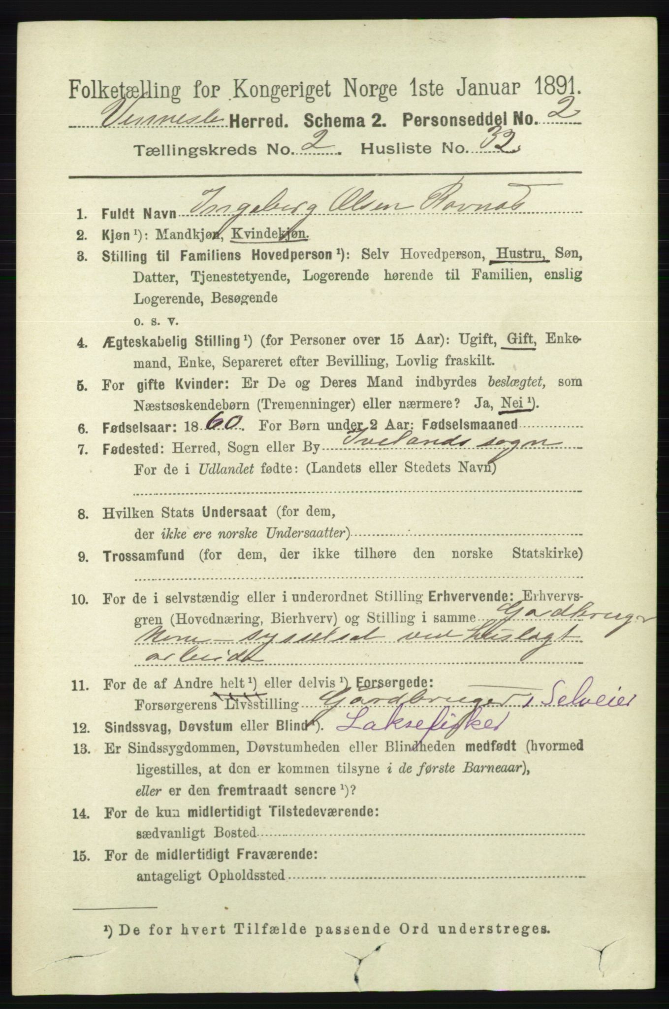 RA, 1891 census for 1014 Vennesla, 1891, p. 604