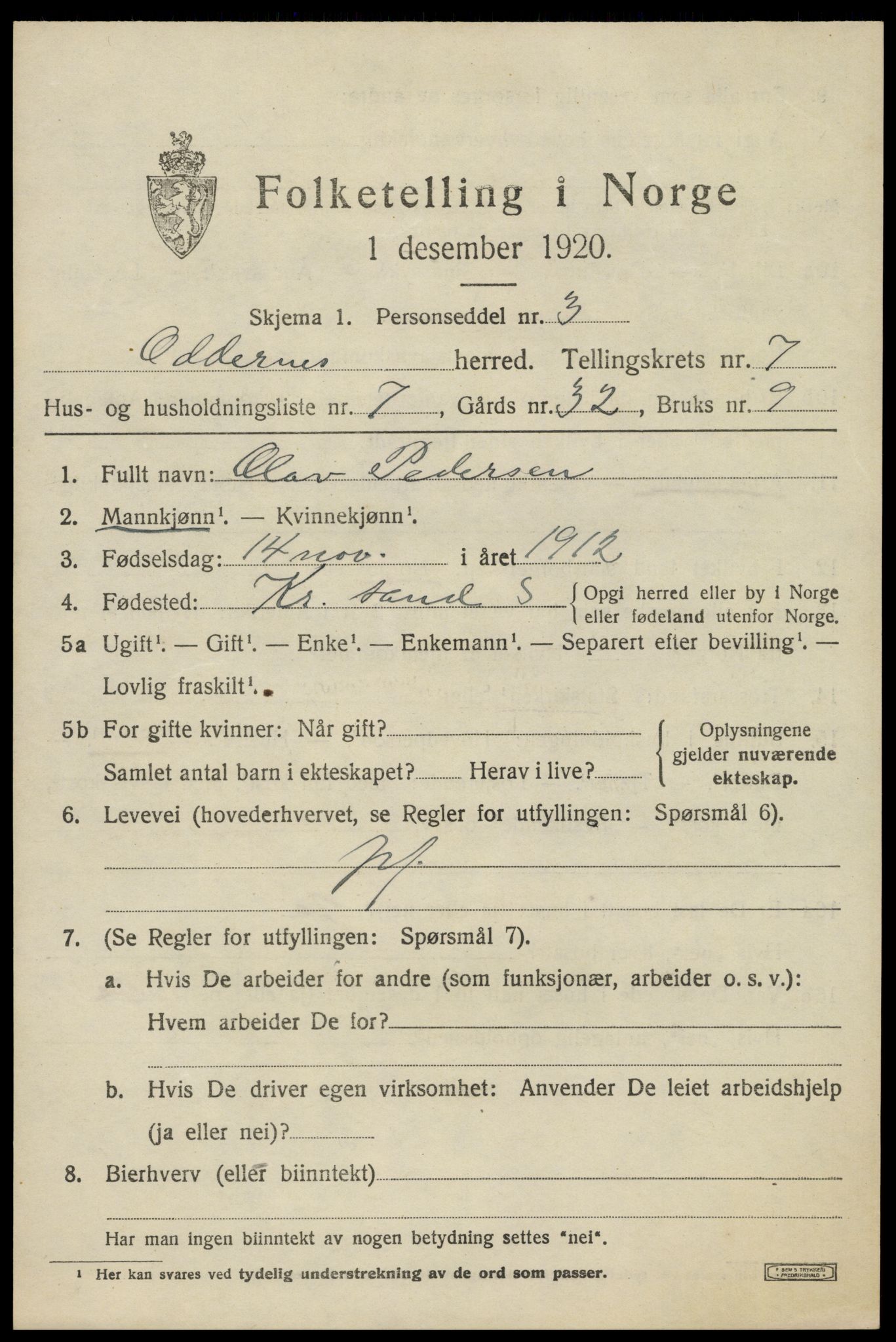 SAK, 1920 census for Oddernes, 1920, p. 5427