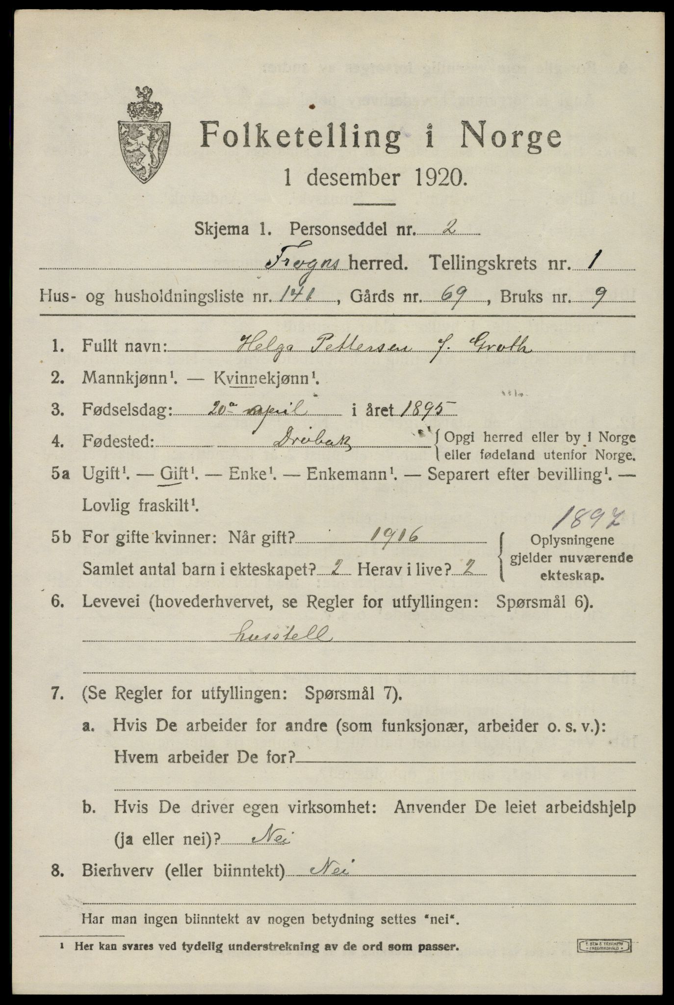 SAO, 1920 census for Frogn, 1920, p. 2851