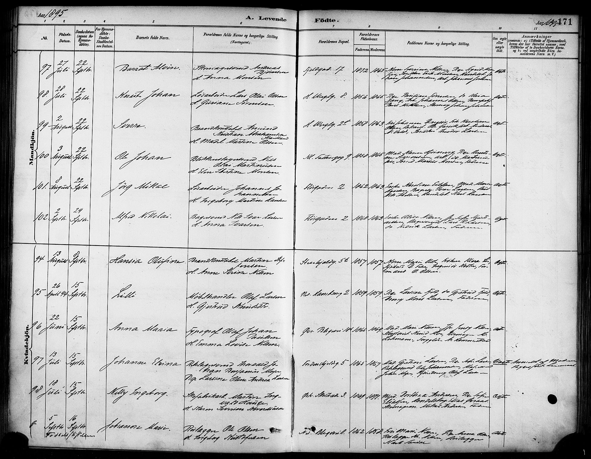 Korskirken sokneprestembete, AV/SAB-A-76101/H/Haa/L0022: Parish register (official) no. B 8, 1889-1899, p. 171