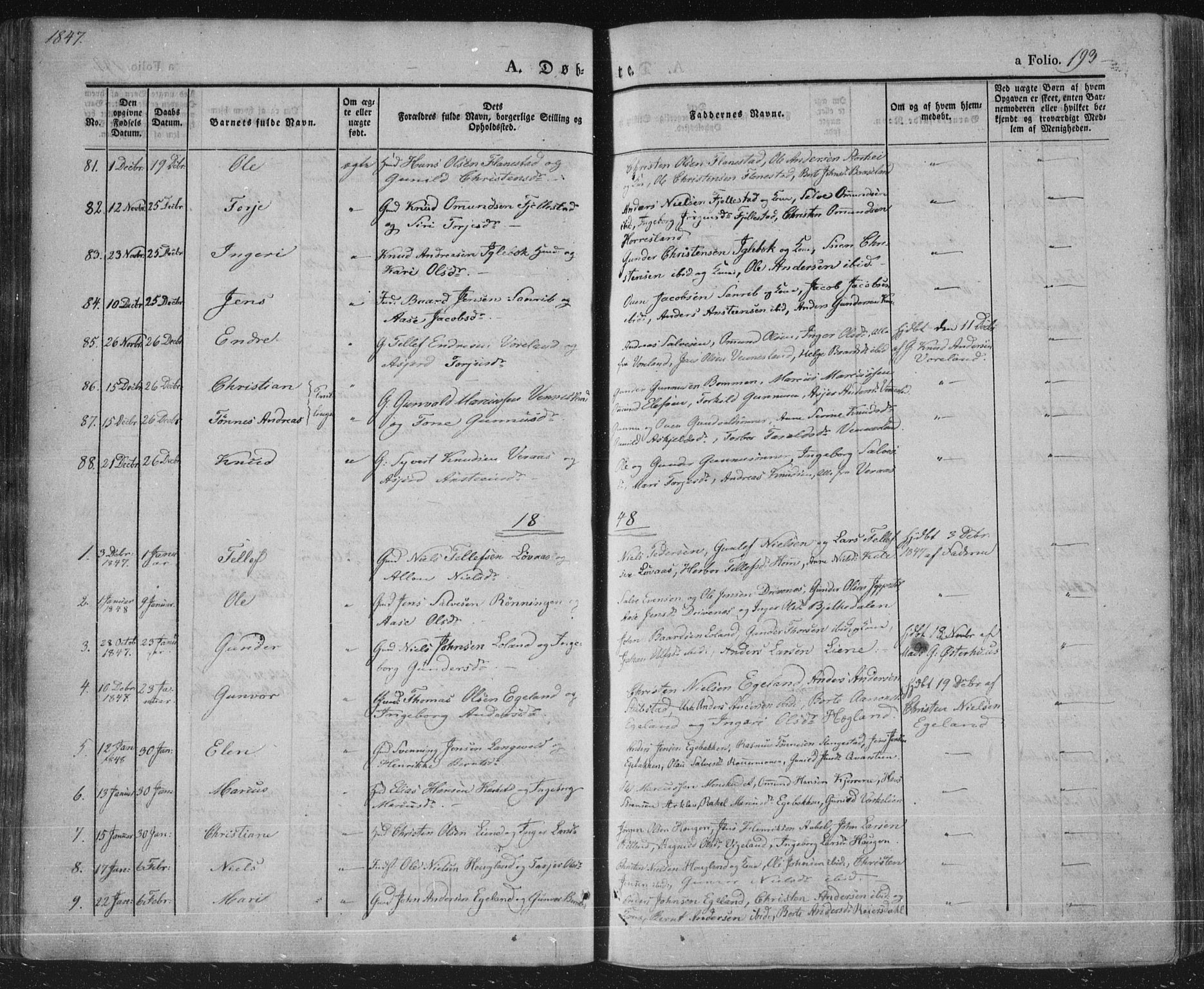 Vennesla sokneprestkontor, AV/SAK-1111-0045/Fa/Fac/L0004: Parish register (official) no. A 4, 1834-1855, p. 193